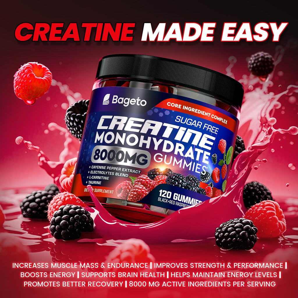 Bageto Creatine Monohydrate Gummies Complex 8000mg – Berry Flavored Vegan Chewables (120 Gummies)