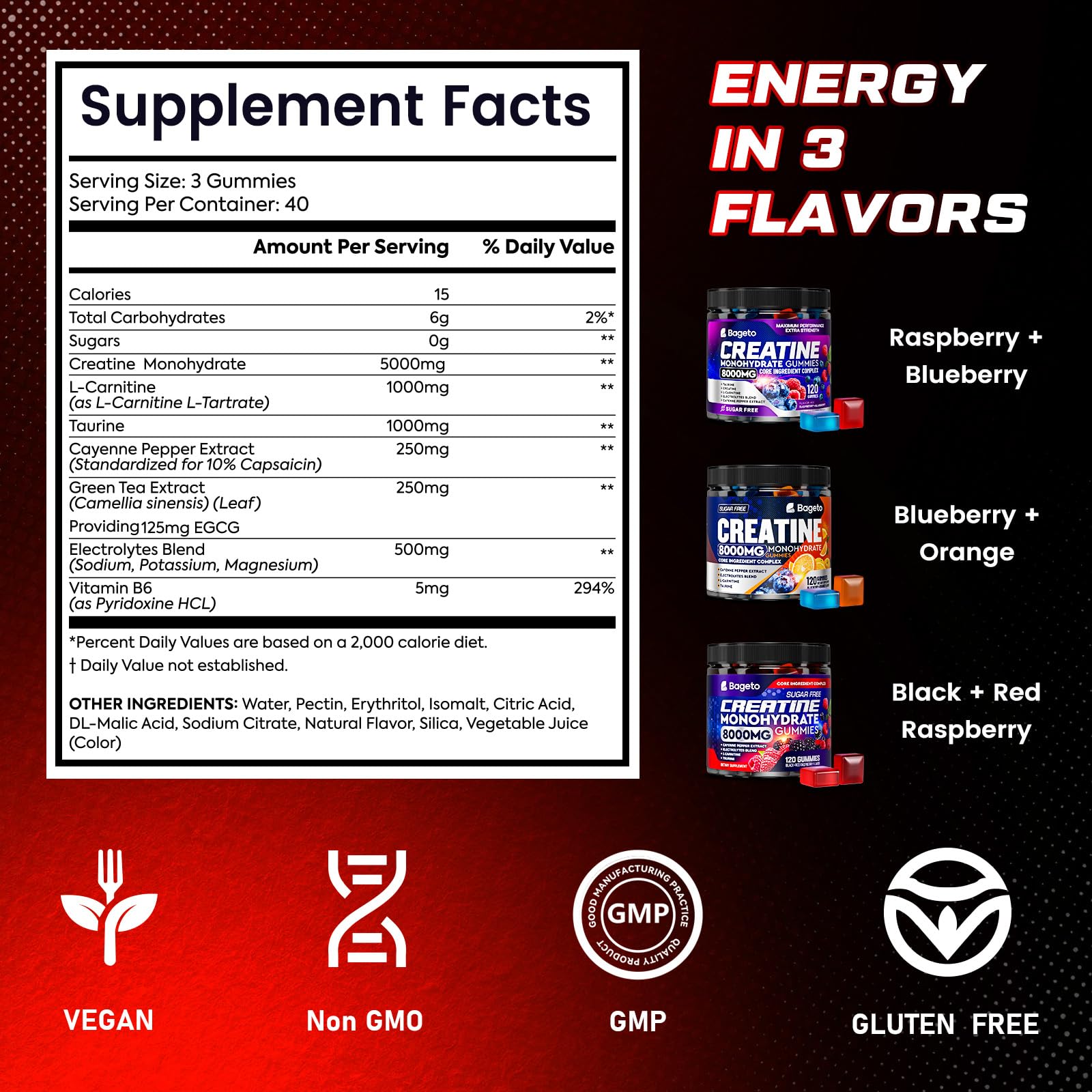Bageto Creatine Monohydrate Gummies Complex 8000mg – Berry Flavored Vegan Chewables (120 Gummies)
