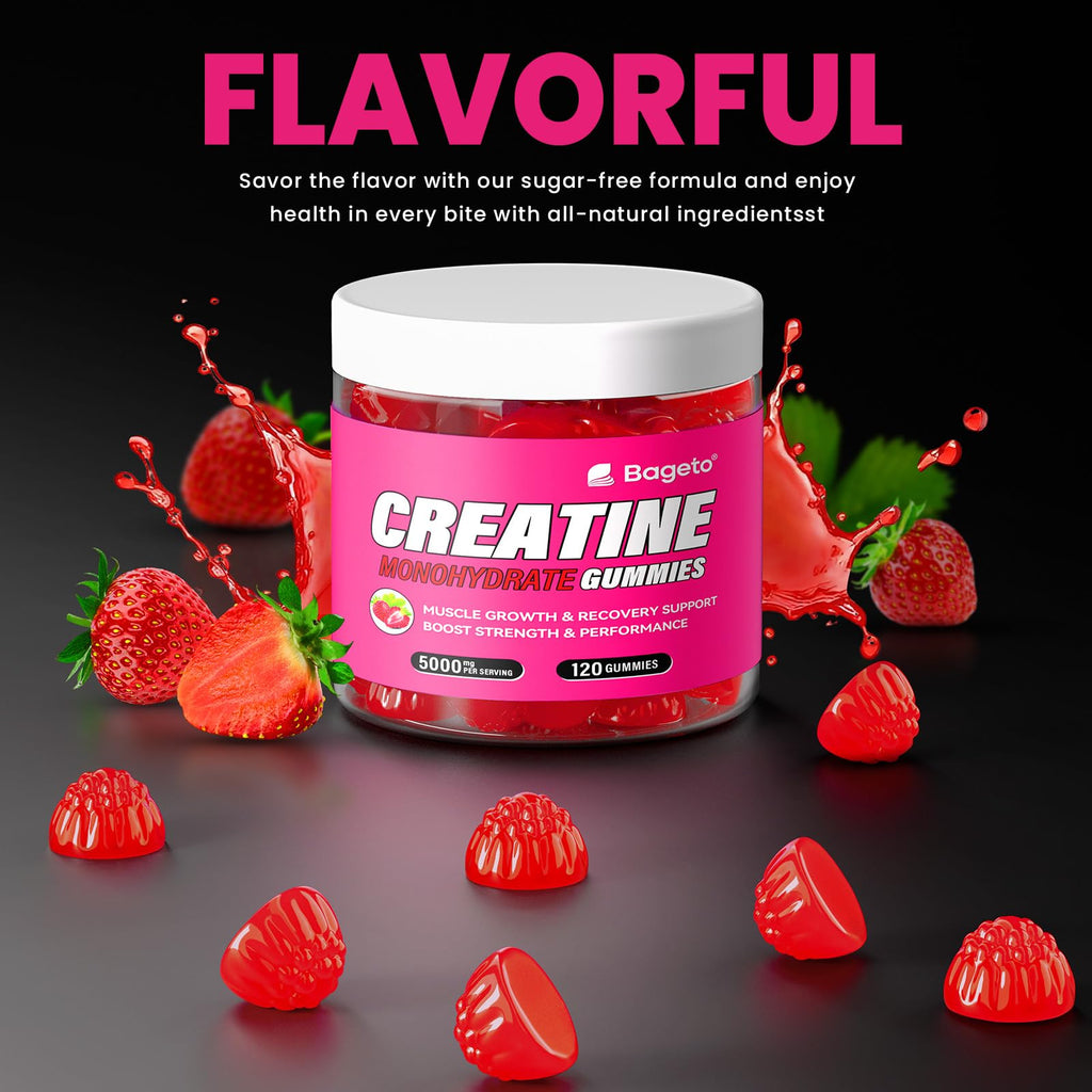 Bageto Creatine Monohydrate Gummies – 5000mg per Serving | Vegan, 0g Sugar, Strawberry 2