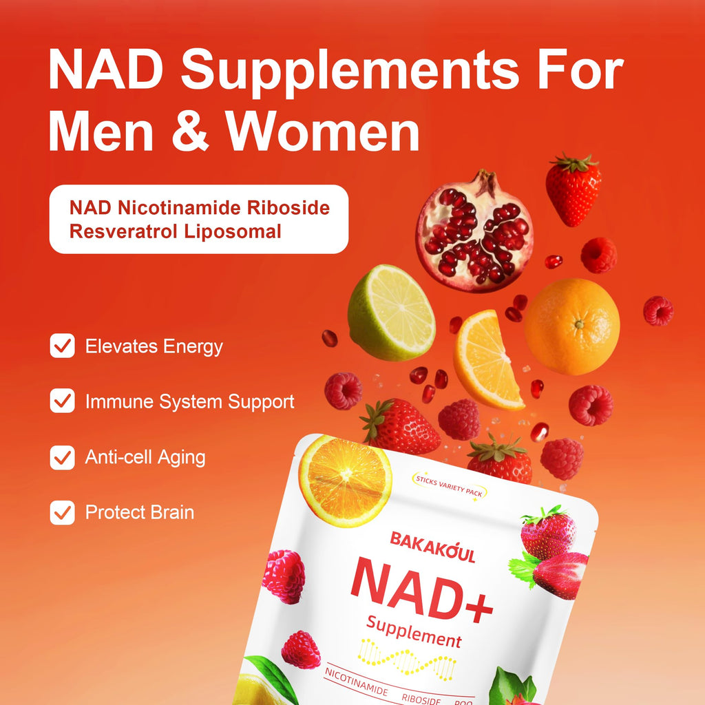 BAKAKOUL NAD Supplements for Men & Women - NAD Powder with Resveratrol | Non-GMO, Sugar-Free | 5 Flavors, 30 Stickpacks