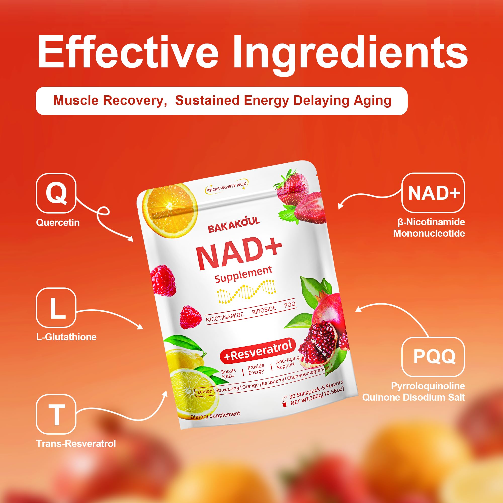BAKAKOUL NAD Supplements for Men & Women - NAD Powder with Resveratrol | Non-GMO, Sugar-Free | 5 Flavors, 30 Stickpacks
