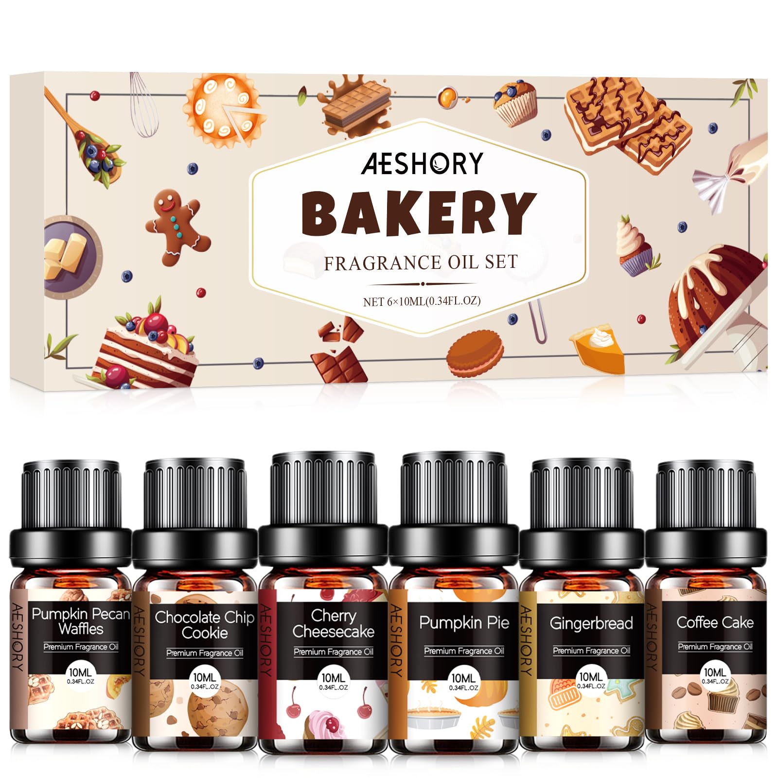 Bakery Essential Oils Set 6x10ML – Pumpkin Pie, Coffee Cake, Gingerbread, Cherry Cheesecake for Diffusers & Candle Making