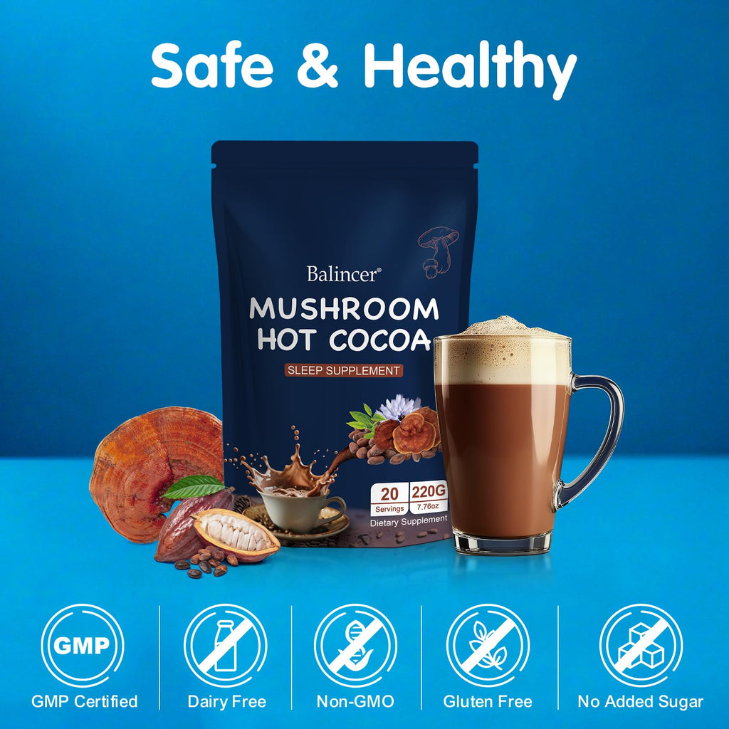 Balincer Mushroom Hot Cocoa Powder - Sleep Support with Reishi, Melatonin & L-Theanine | Vegan, 20 Servings