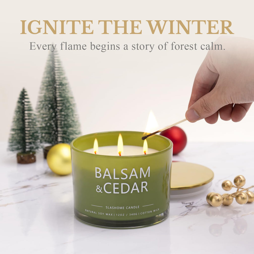 Balsam Cedar Candle – 12oz Soy 3-Wick, 60+ Hour Burn | Luxury Holiday Gift