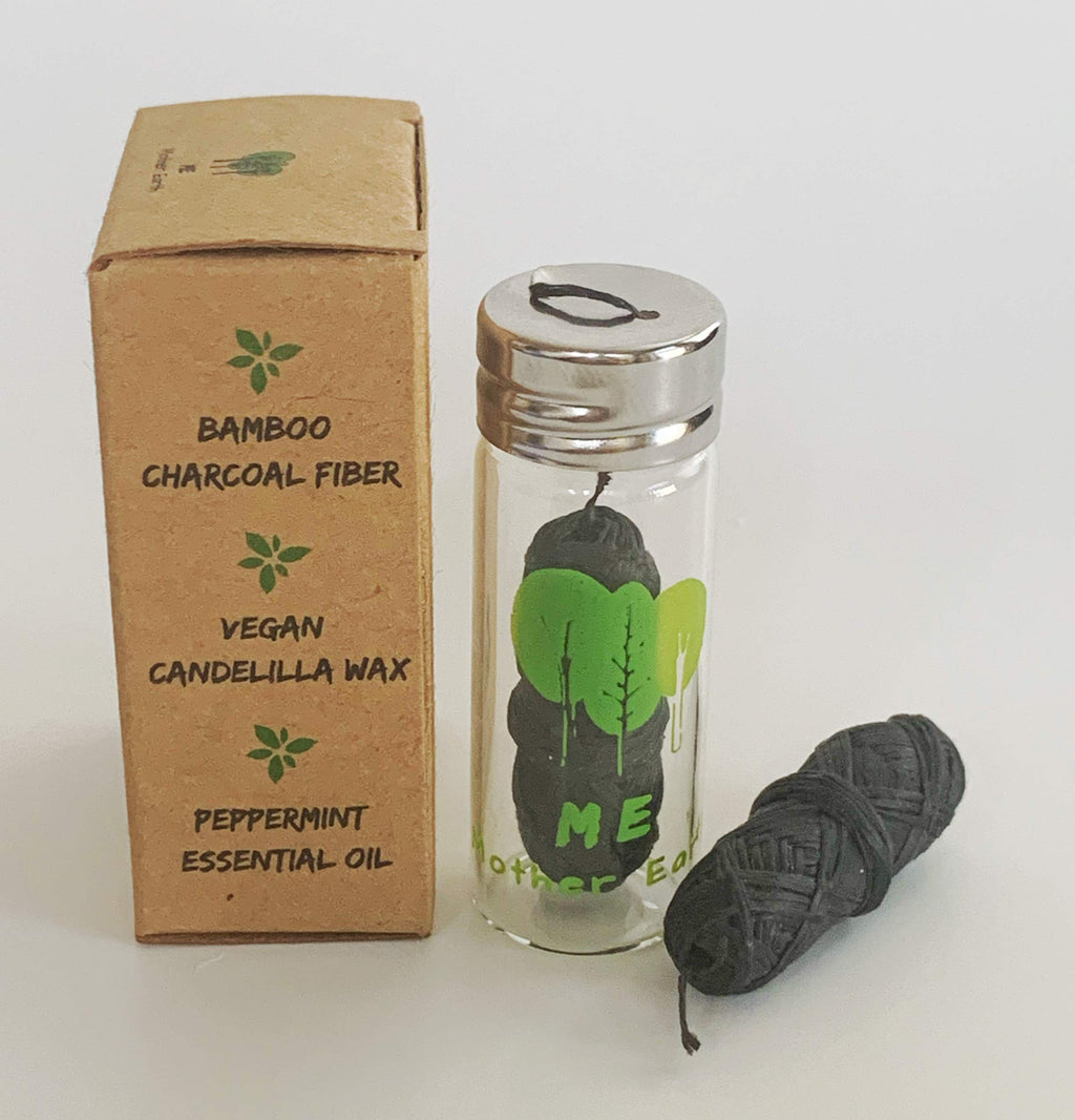 Vegan Bamboo Charcoal Dental Floss with Refillable Glass Container | Free Refill | Peppermint