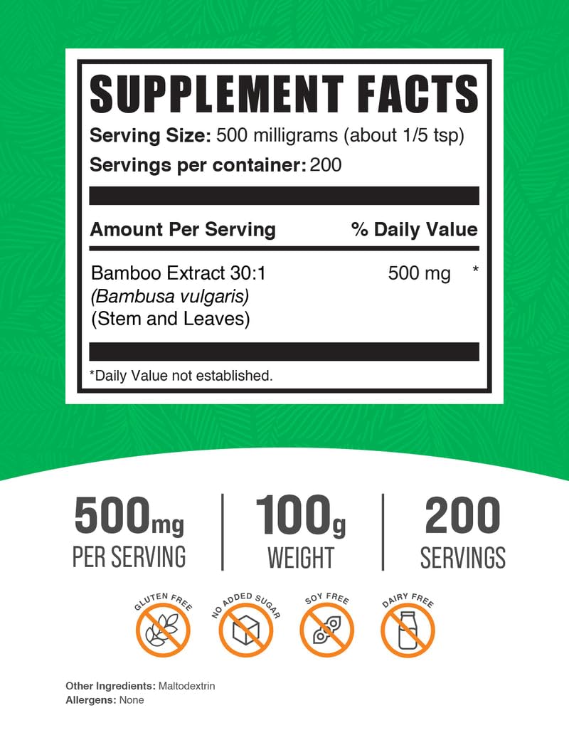 BulkSupplements Bamboo Extract Powder - Silica Supplement, 500 mg per Serving, 100 g Pack of 1