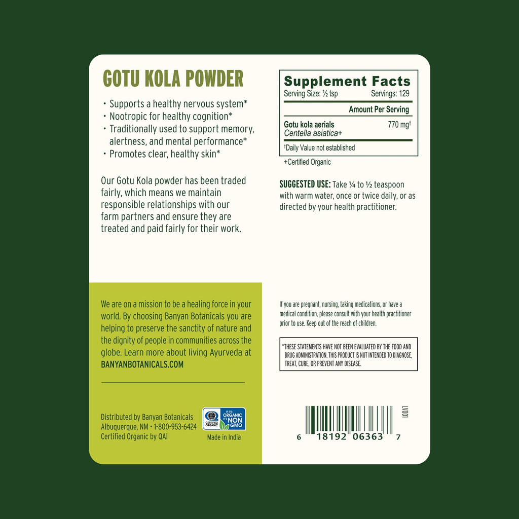 Banyan Botanicals Gotu Kola Powder – Organic Brahmi (Centella Asiatica)