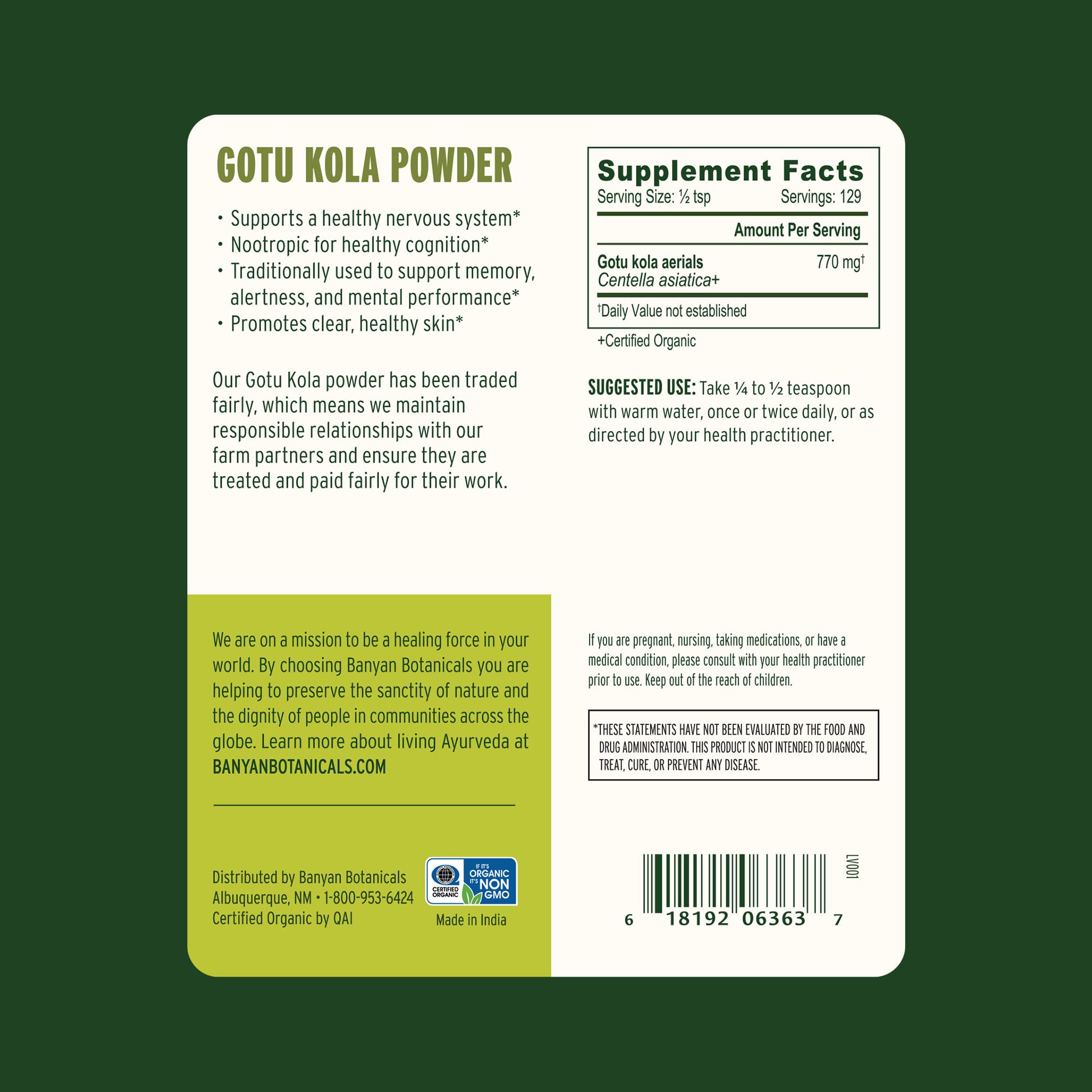 Banyan Botanicals Gotu Kola Powder – Organic Brahmi (Centella Asiatica)