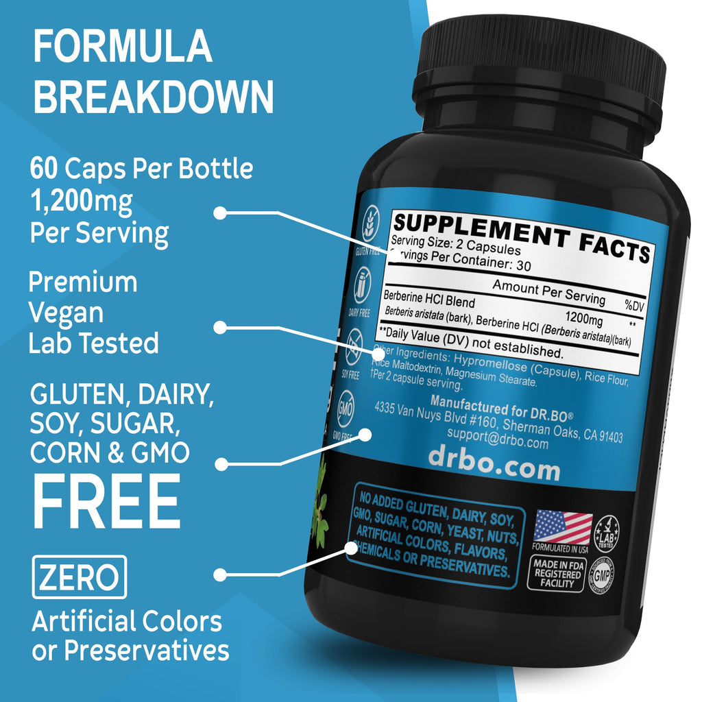 Berberine Supplement Capsules - 1200mg Berberine HCL Supplement for Healthy Metabolic Support - Premium Natural Complex for Women & Men, Pure Support Capsules Supplements - 60 Pills