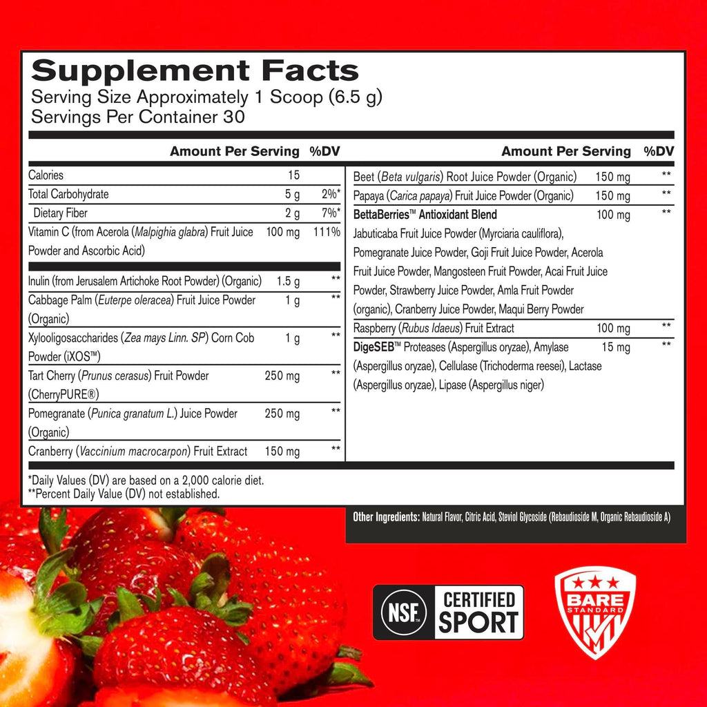 BARE PERFORMANCE NUTRITION Strong Reds Superfood Powder - Strawberry, 30 Servings