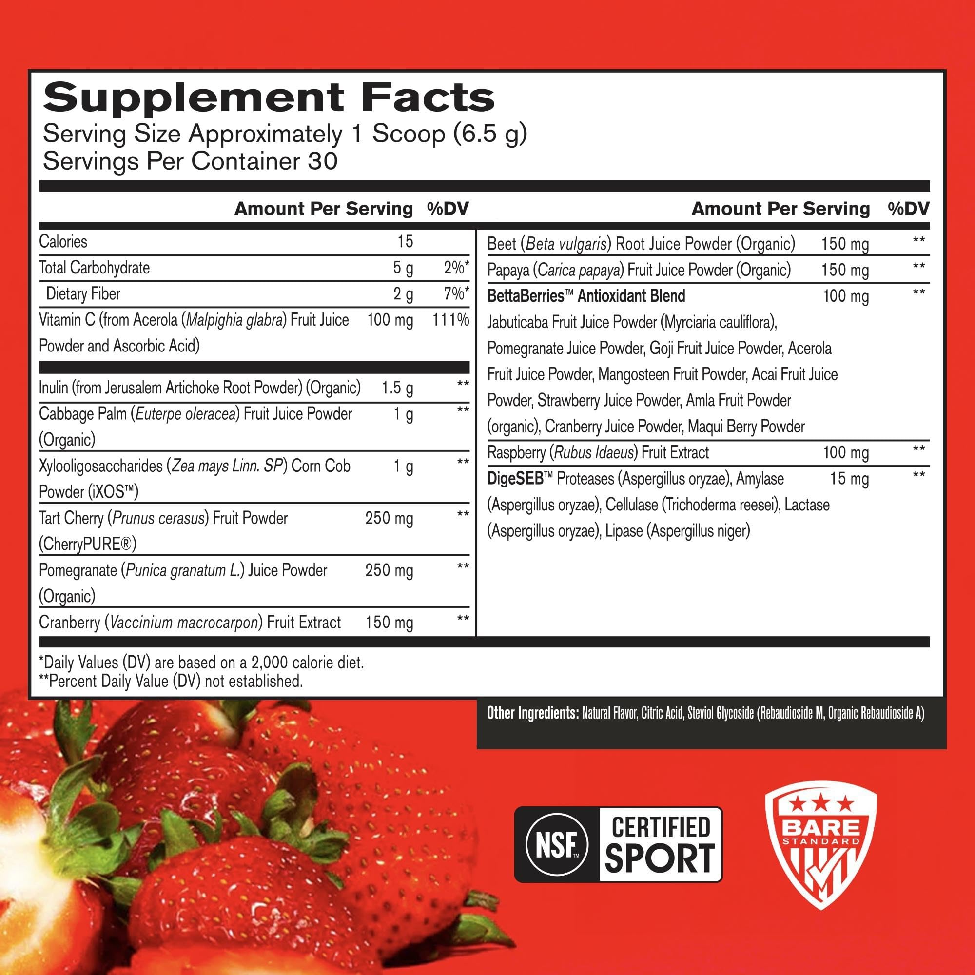 BARE PERFORMANCE NUTRITION Strong Reds Superfood Powder - Strawberry, 30 Servings