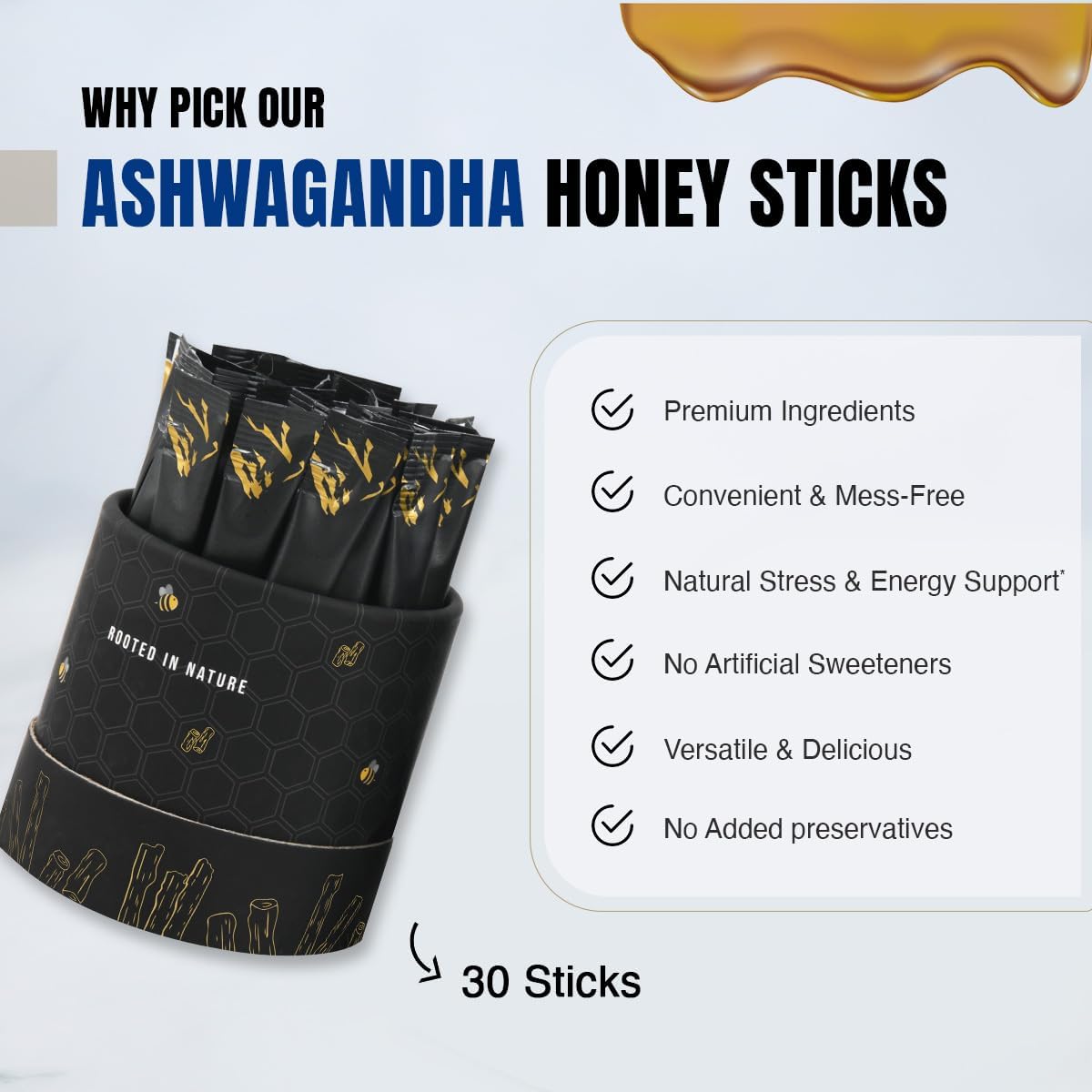 Bargad KSM-66 Ashwagandha Honey Sticks | 400mg Adaptogenic Support | Relaxation, Sleep, Focus & Energy | Premium Organic Honey | 30 Count