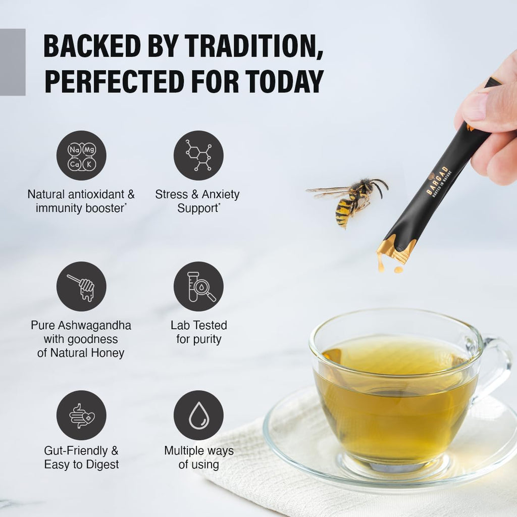 Bargad KSM-66 Ashwagandha Honey Sticks | 400mg Adaptogenic Support | Relaxation, Sleep, Focus & Energy | Premium Organic Honey | 30 Count