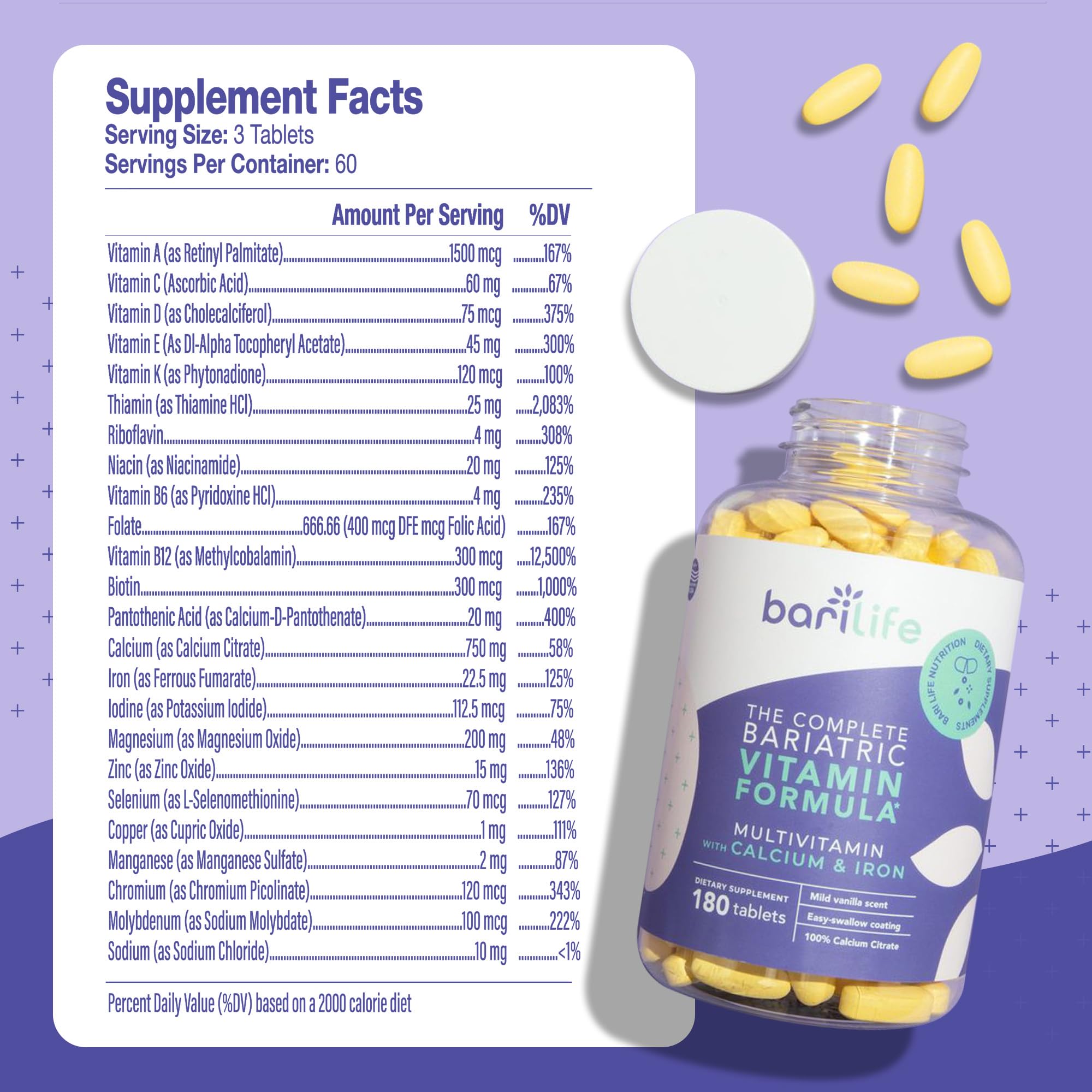 Bari Life Complete Bariatric Multivitamin - Non-Chewable Tablet with Calcium Citrate & Iron (180 Tablets)