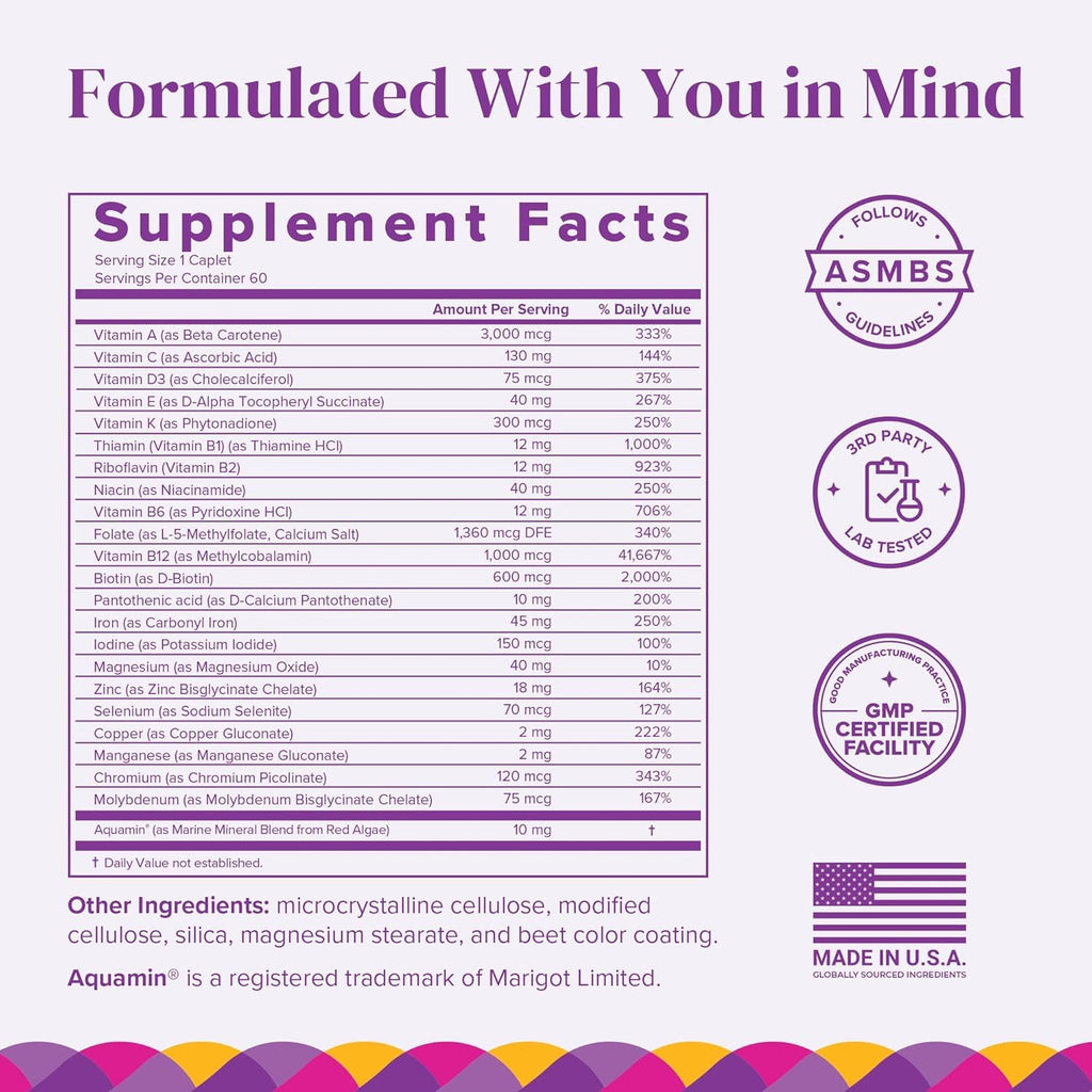 BariMelts Once Daily Bariatric Multivitamin with Iron – 60 Caplets (2-Month Supply) for Women