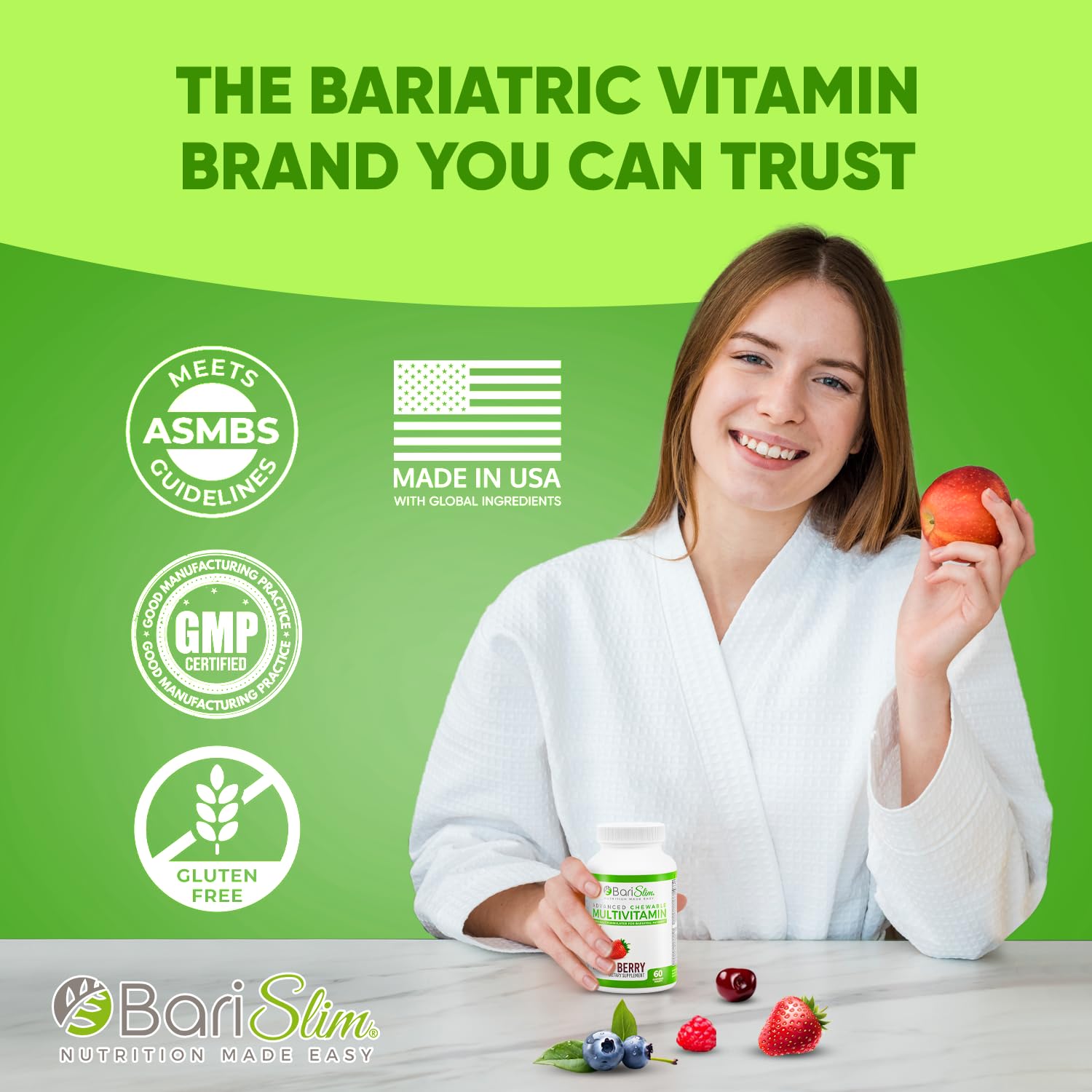 BariSlim Advanced Chewable Bariatric Multivitamin – Post-Bariatric Nutrition (Mixed Berry, 60 Count)
