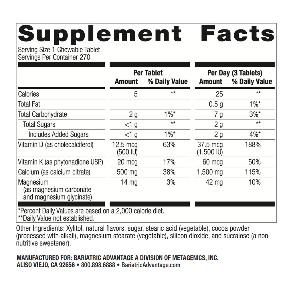Bariatric Advantage Calcium Citrate Chewable 500 mg - Chocolate - 270 Count