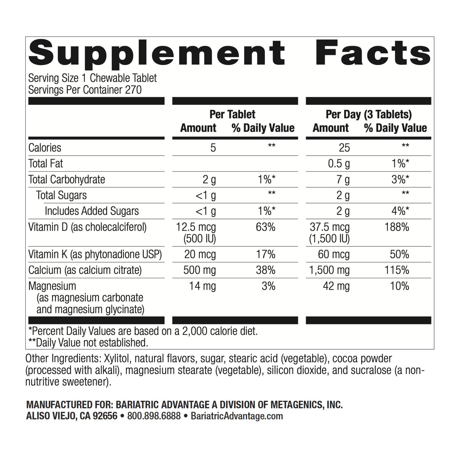 Bariatric Advantage Calcium Citrate Chewable 500 mg - Chocolate - 270 Count