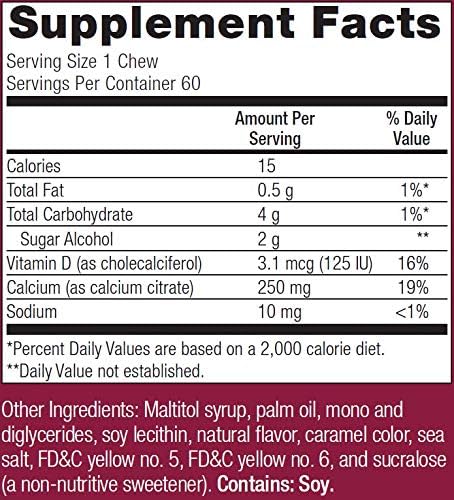 Bariatric Advantage Calcium Citrate Chewy Bites 250 mg with Vitamin D3 – Sugar-Free Caramel, 60 Count