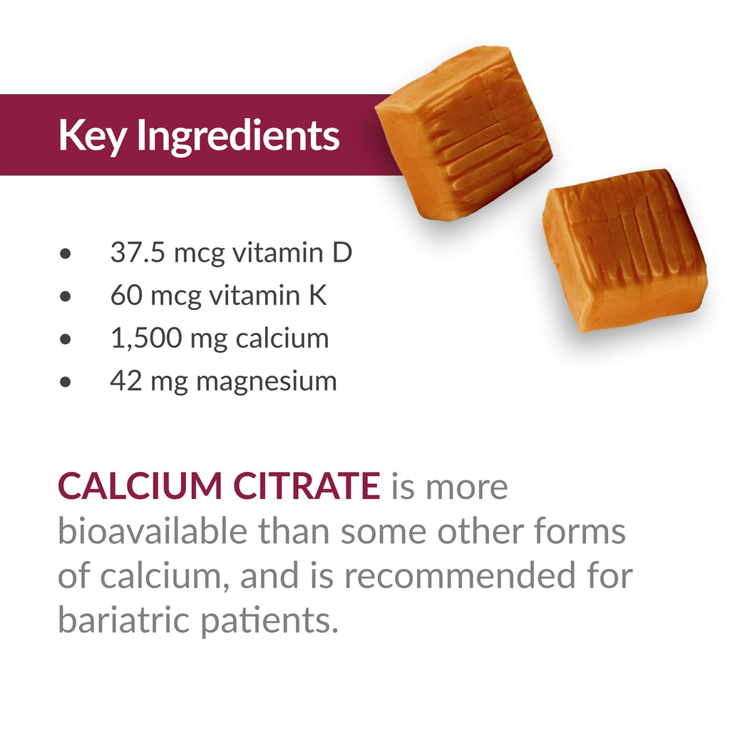 Bariatric Advantage Calcium Citrate Chewy Bites 250 mg with Vitamin D3 – Sugar-Free Caramel, 60 Count
