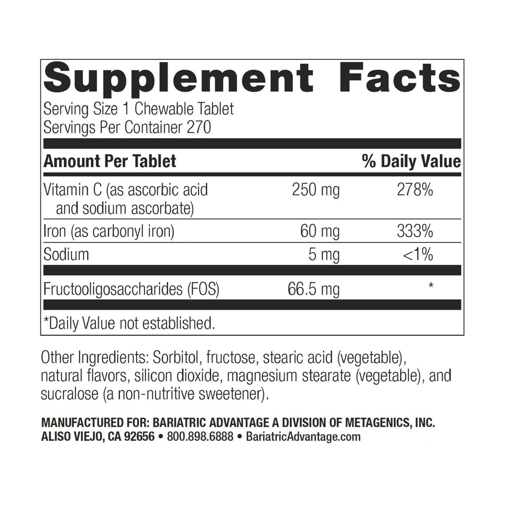 Bariatric Advantage Chewable Iron 60 mg with Vitamin C - Lemon Lime, 270 Count | Increased Absorption & Easy Digestibility for Post-Bariatric Patients