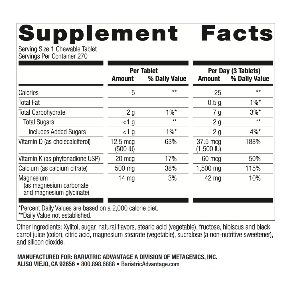 Bariatric Advantage Calcium Citrate Chewable 500mg with Vitamin D3 – Wild Cherry, 270 Count