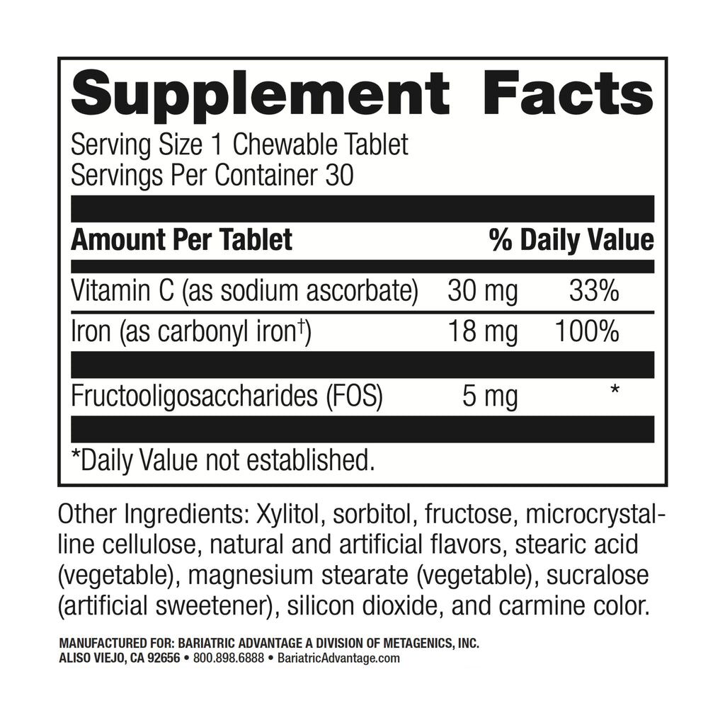 Bariatric Advantage Iron 18 mg with Vitamin C Chewable – Strawberry – 30 Tablets