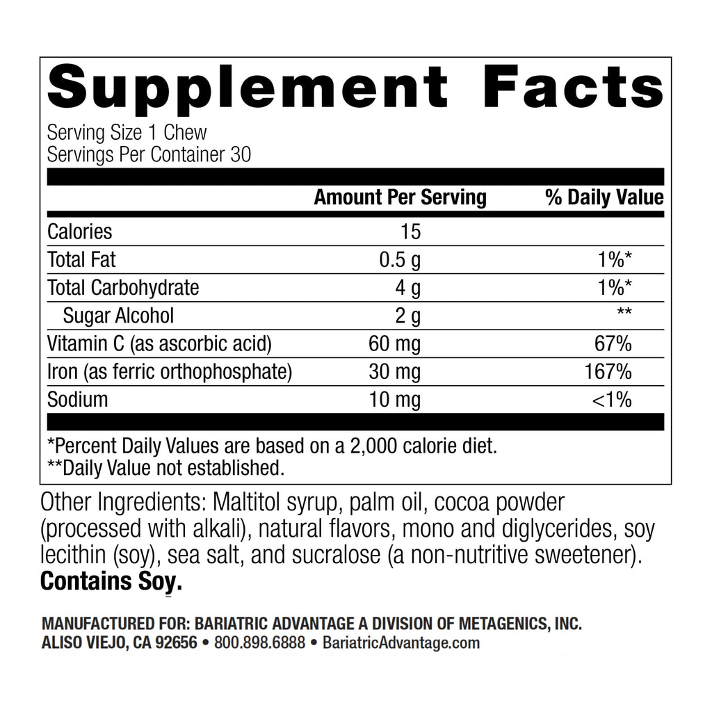 Bariatric Advantage Iron Chewy Bite Chocolate Raspberry Truffle (30 mg Iron, 60 mg Vitamin C) 30 Count (Pack of 2)