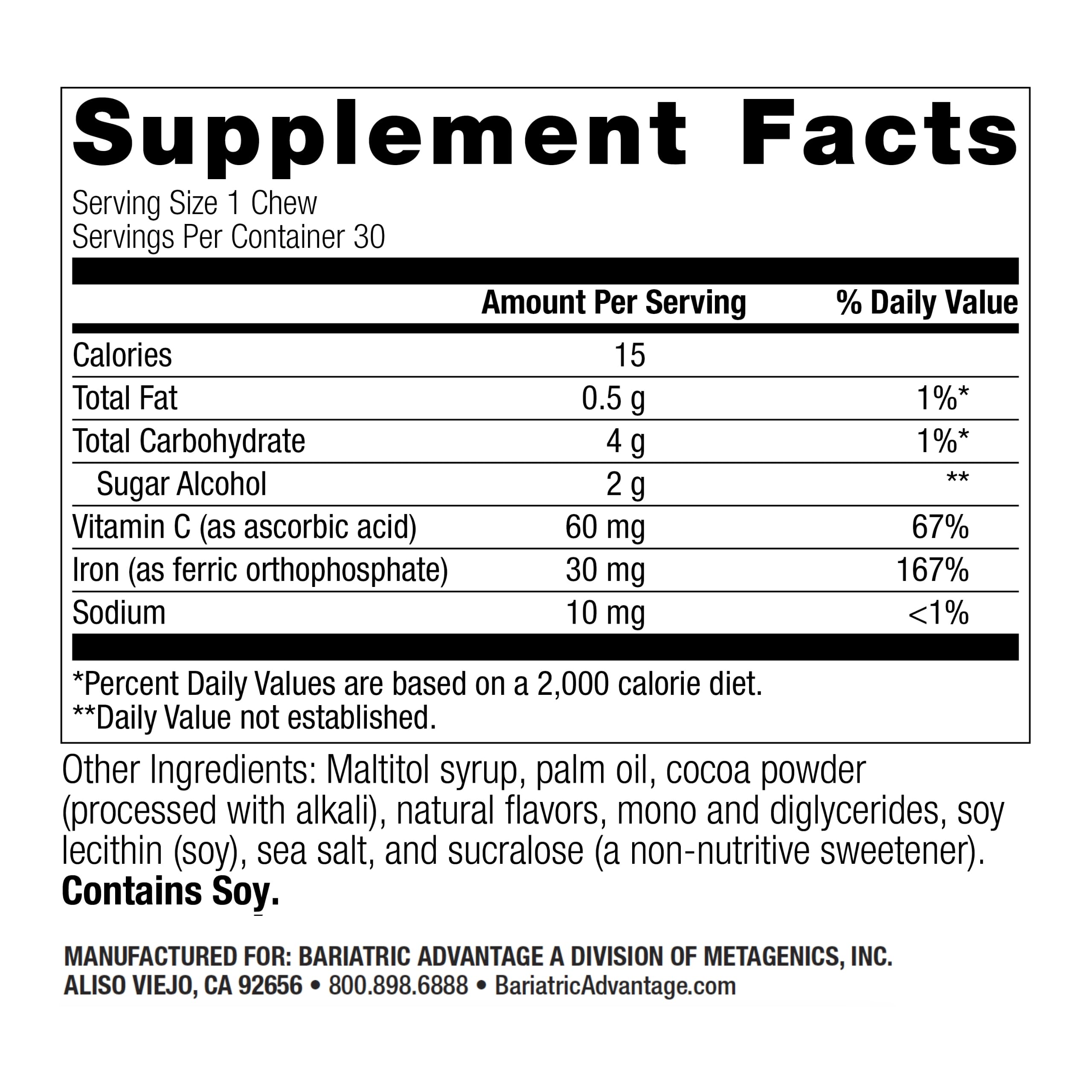 Bariatric Advantage Iron Chewy Bite – Chocolate Raspberry Truffle, 30 mg Iron, 60 mg Vitamin C, 30 Count