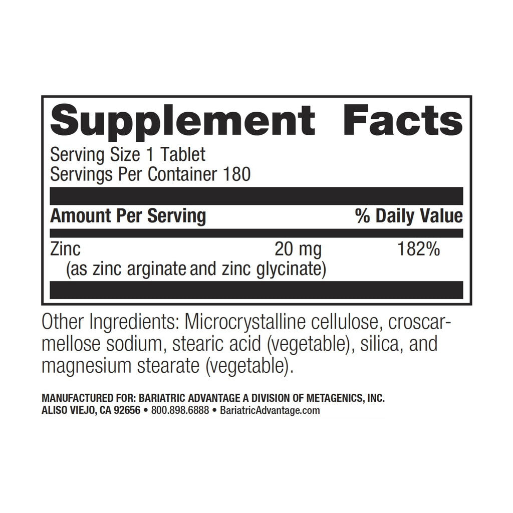 Bariatric Advantage Zinc Chelate 20 mg – Non-Chewable Tablets (180)
