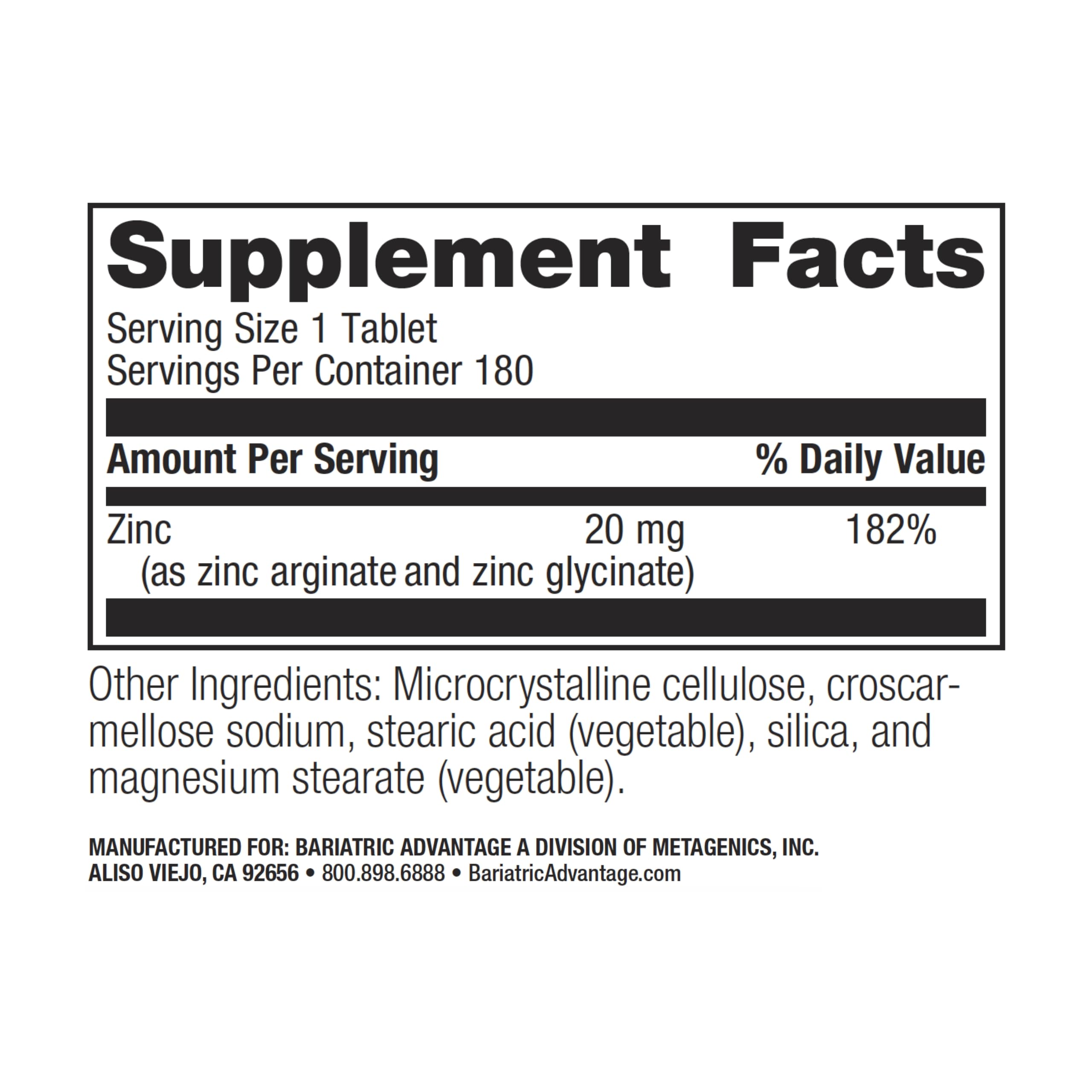 Bariatric Advantage Zinc Chelate 20 mg – Non-Chewable Tablets (180)