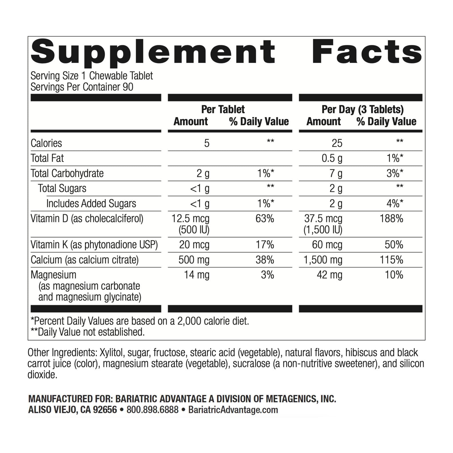 Bariatric Calcium Citrate 500mg Chewables with Vitamin D3 – 90 Count