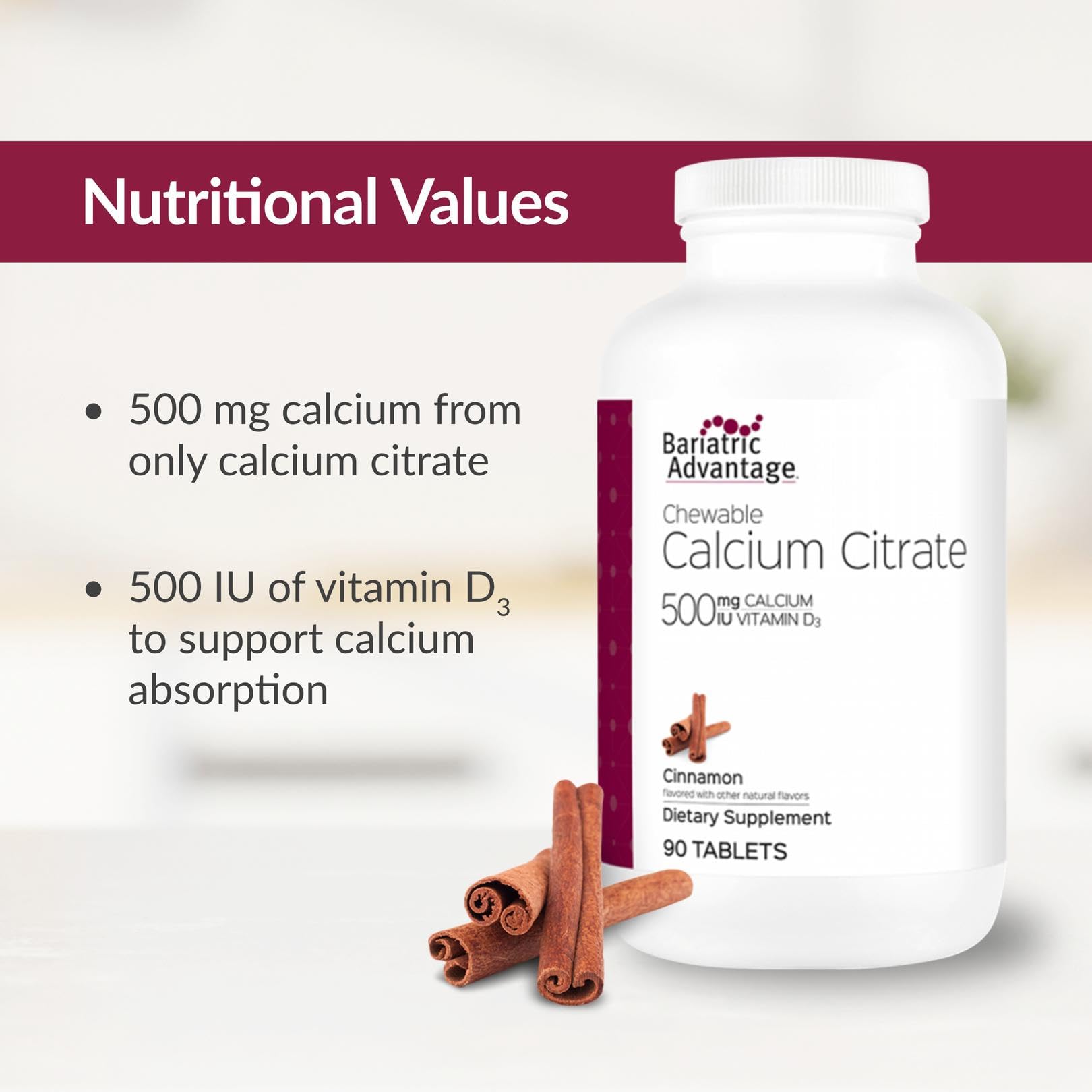 Bariatric Calcium Citrate 500mg Chewables with Vitamin D3 – 90 Count