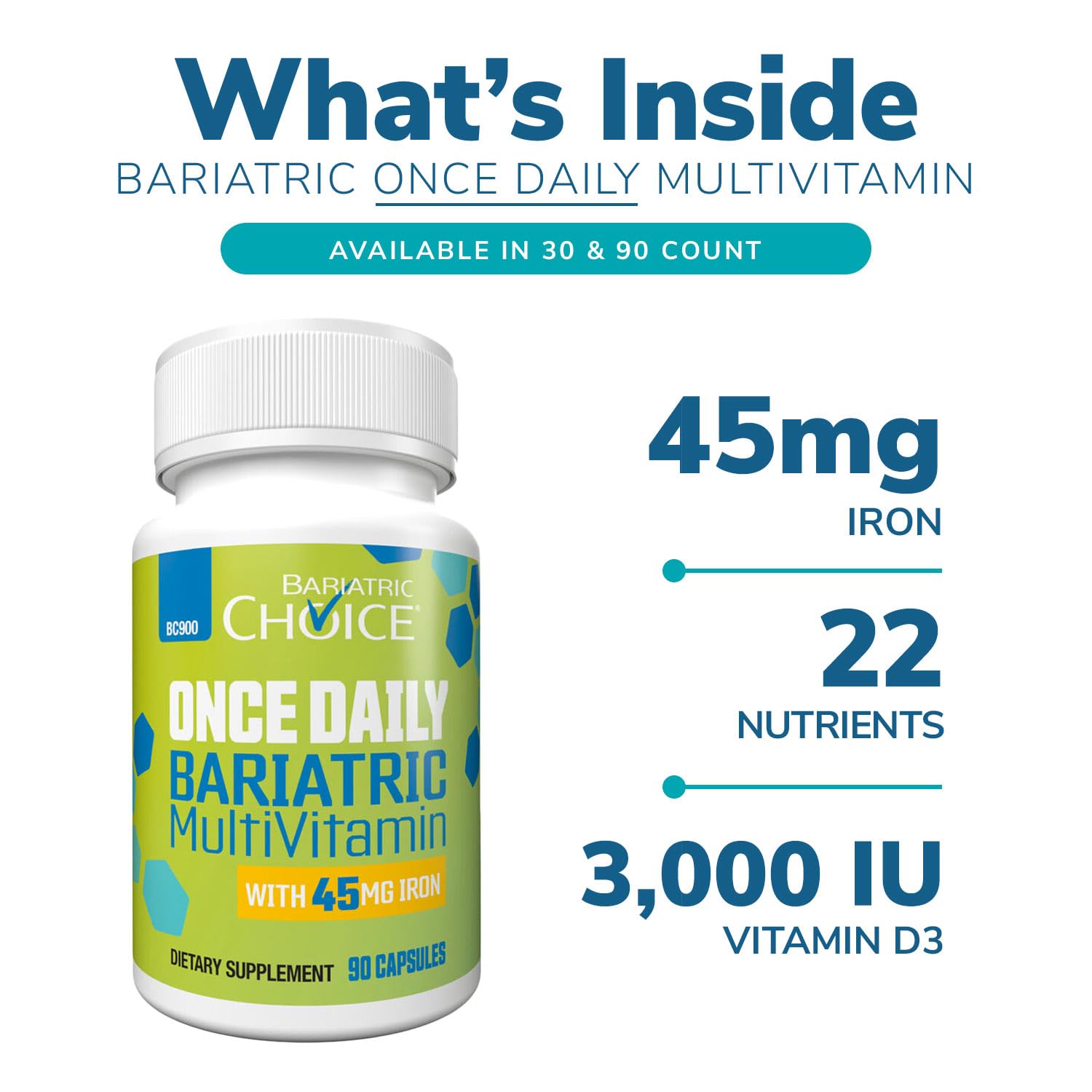 Bariatric Choice Once-Daily Multivitamin with 45 mg Iron | 90 Count | Bariatric Surgery Vitamins