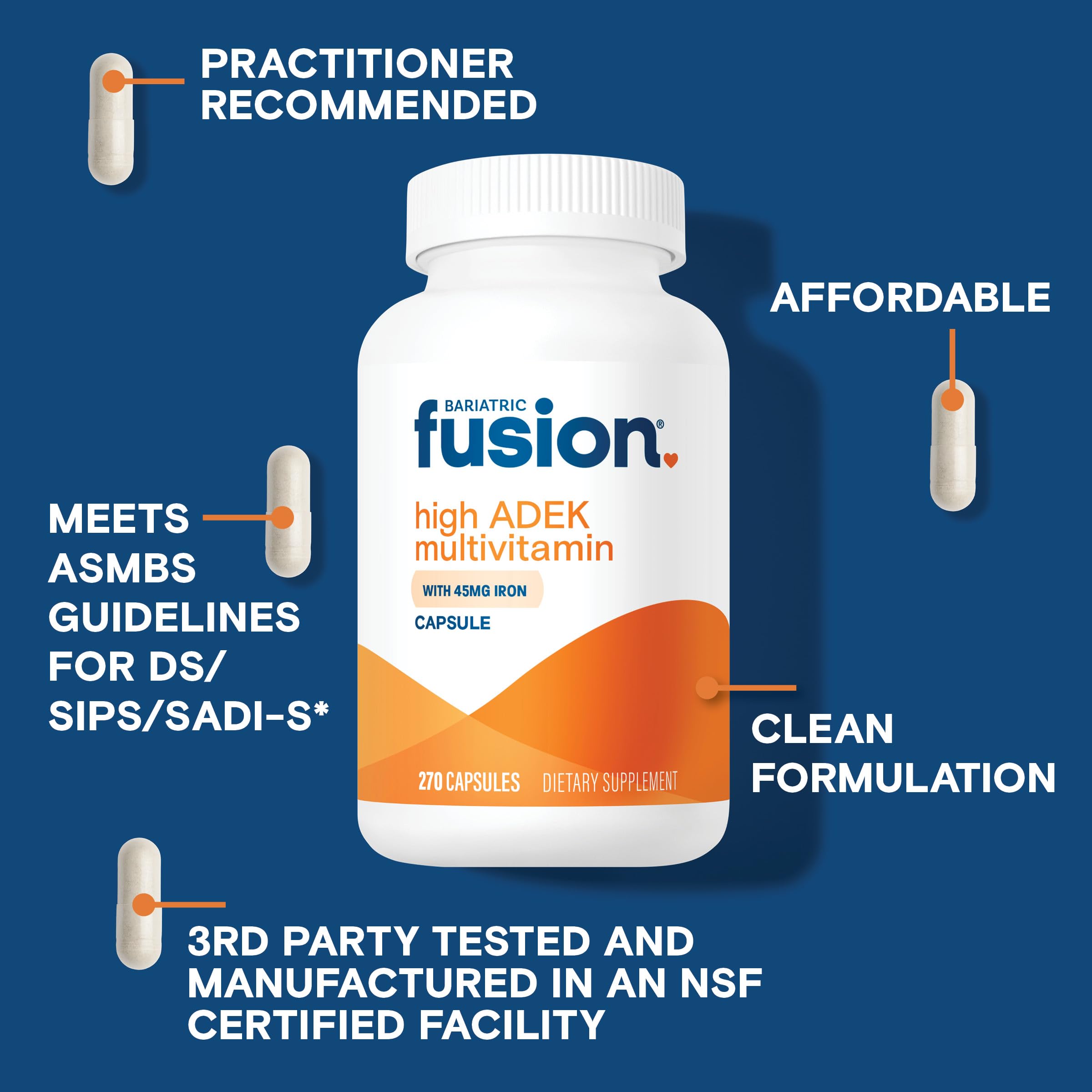 Bariatric Fusion High ADEK Multivitamin Capsule with 45 mg Iron | 1080 Caps | 1 Year Supply | Duodenal Switch