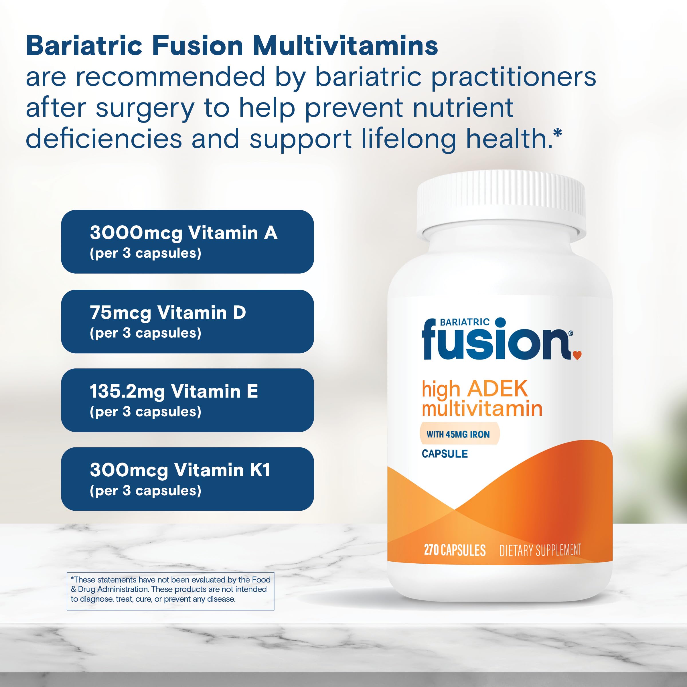 Bariatric Fusion High ADEK Multivitamin Capsule with 45 mg Iron | 1080 Caps | 1 Year Supply | Duodenal Switch