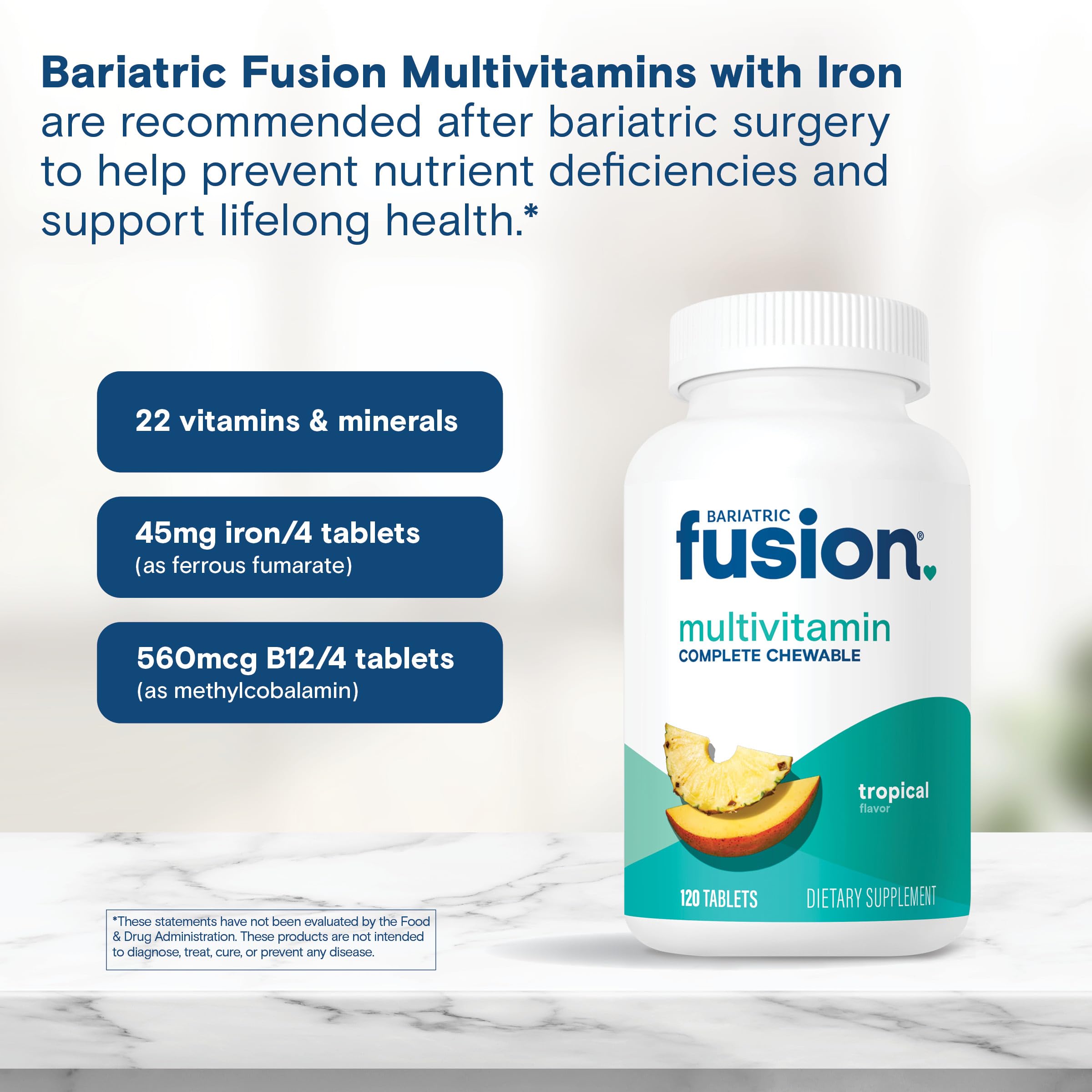 Bariatric Fusion Multivitamin with Iron – Complete Chewable (Tropical) for Gastric Bypass & Sleeve Gastrectomy | One Month Supply