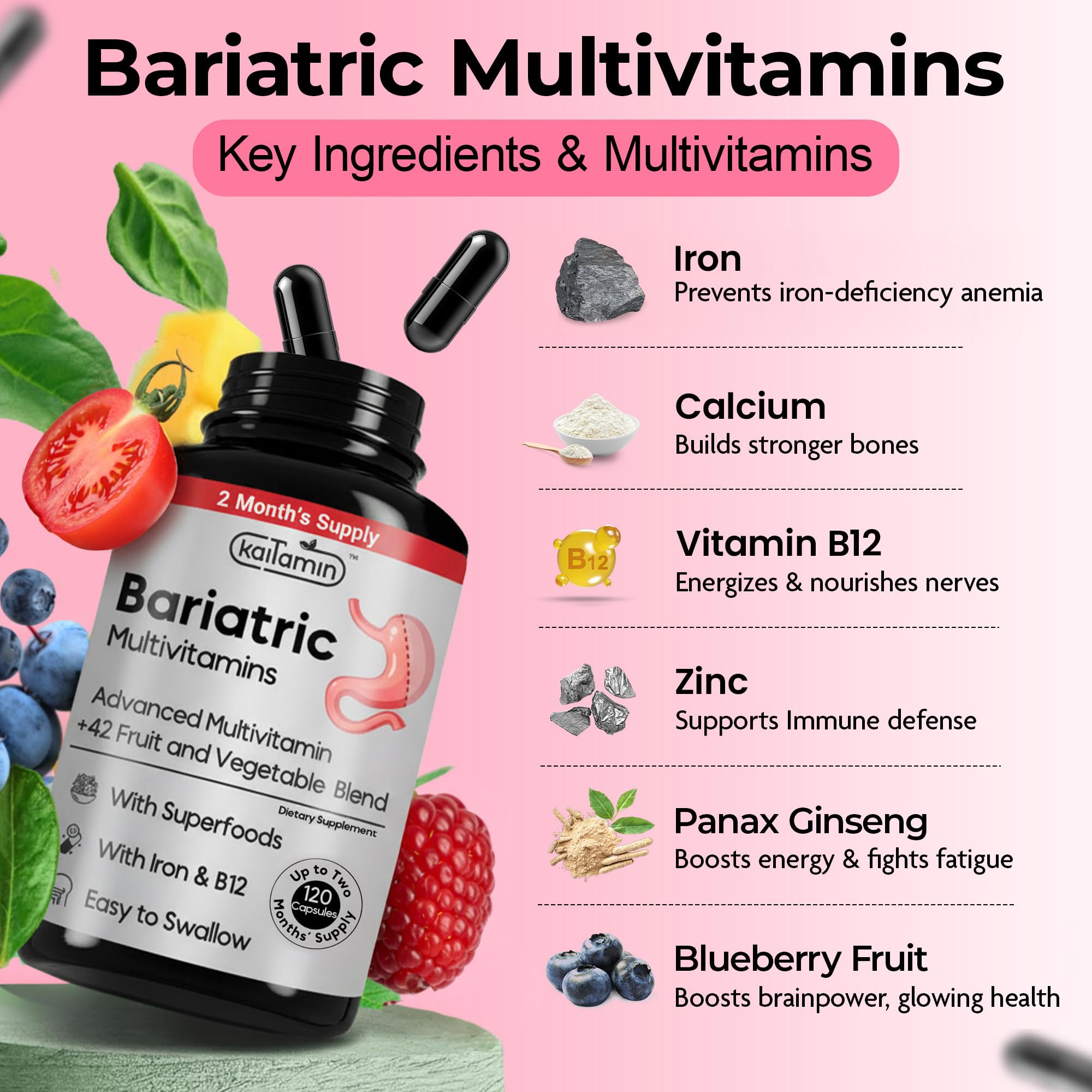 Bariatric Multivitamin with Iron – Post Bariatric Surgery Support (120 Caps, 2-Month Supply) – Gluten-Free