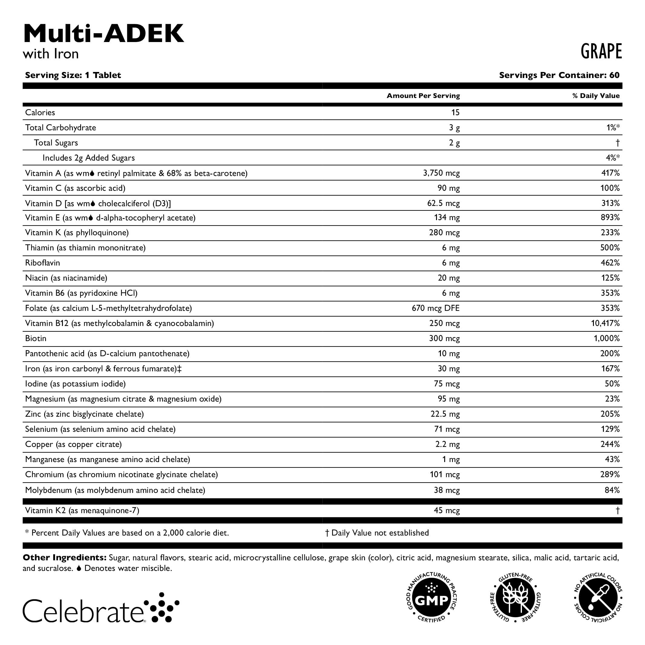 Celebrate Vitamins Multi ADEK Chewables with 60mg Iron | Bariatric Daily Multivitamin, Grape (60 Tablets) - Duodenal Switch & SADI/SIPS