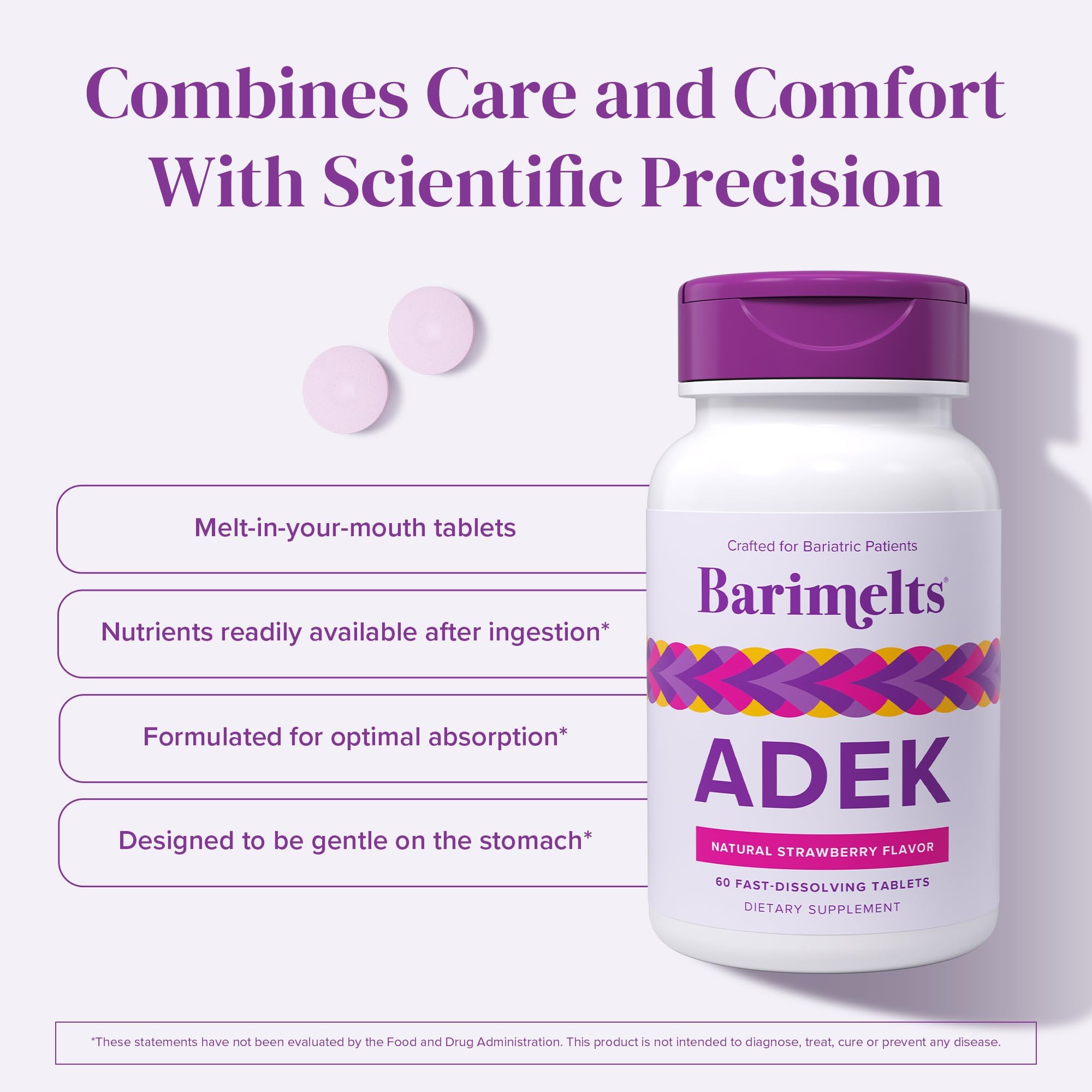 Barimelts ADEK - 60 Fast-Dissolving Tablets (2-Month Supply) - Sugar-Free Bariatric Vitamins for Women | Vitamins A, D, E & K | Strawberry Flavor