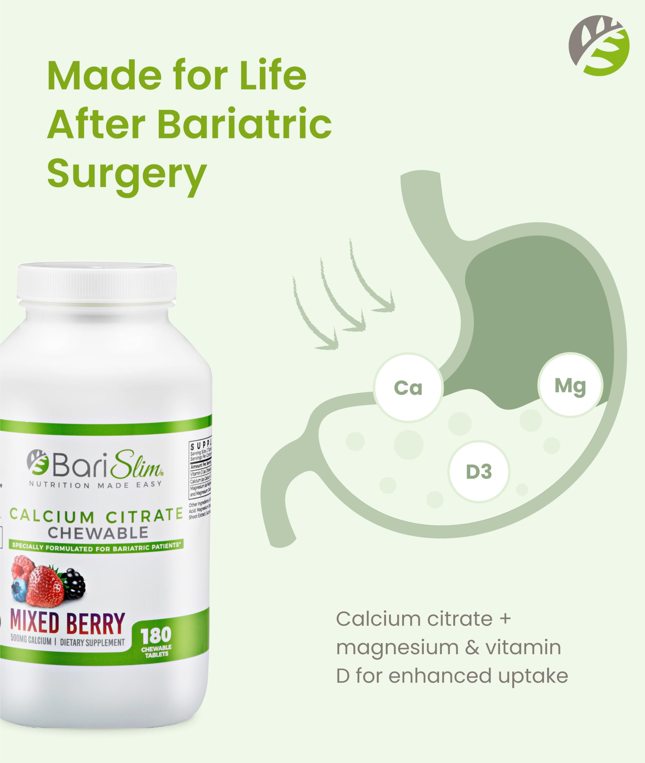 BariSlim Bariatric Calcium Citrate with Magnesium & Vitamin D – 500 mg per Serving | Mixed Berry, 90 Servings