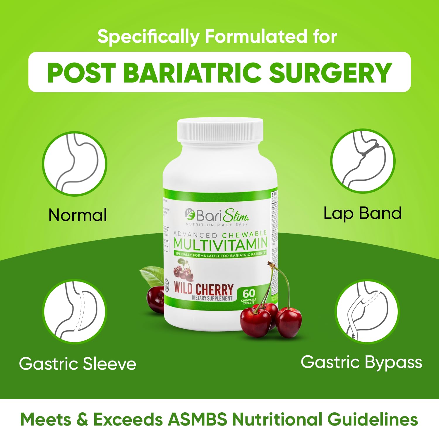 BariSlim Advanced Chewable Bariatric Multivitamins – Post-Surgery Nutrition (Wild Cherry, 60 Count)
