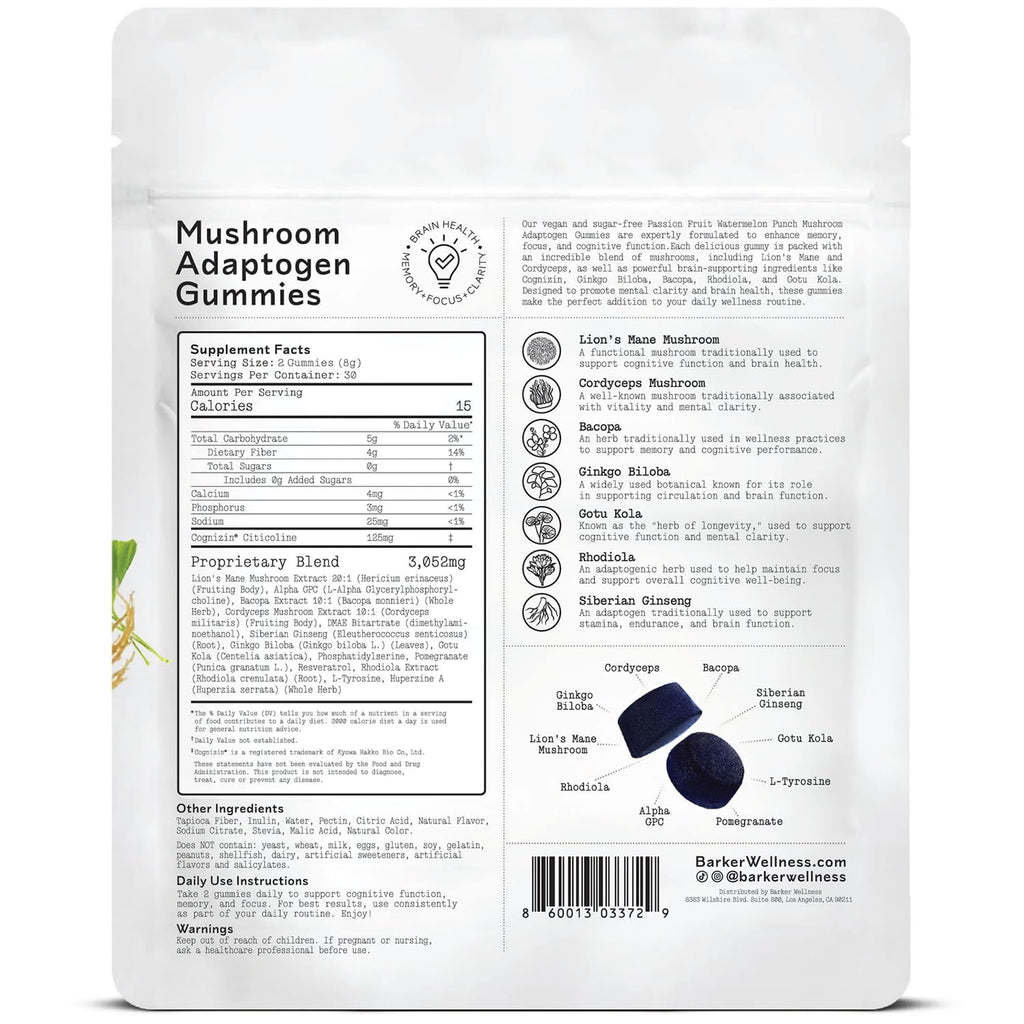 Barker Wellness Mushroom Adaptogen Gummies – Memory, Focus & Brain Health