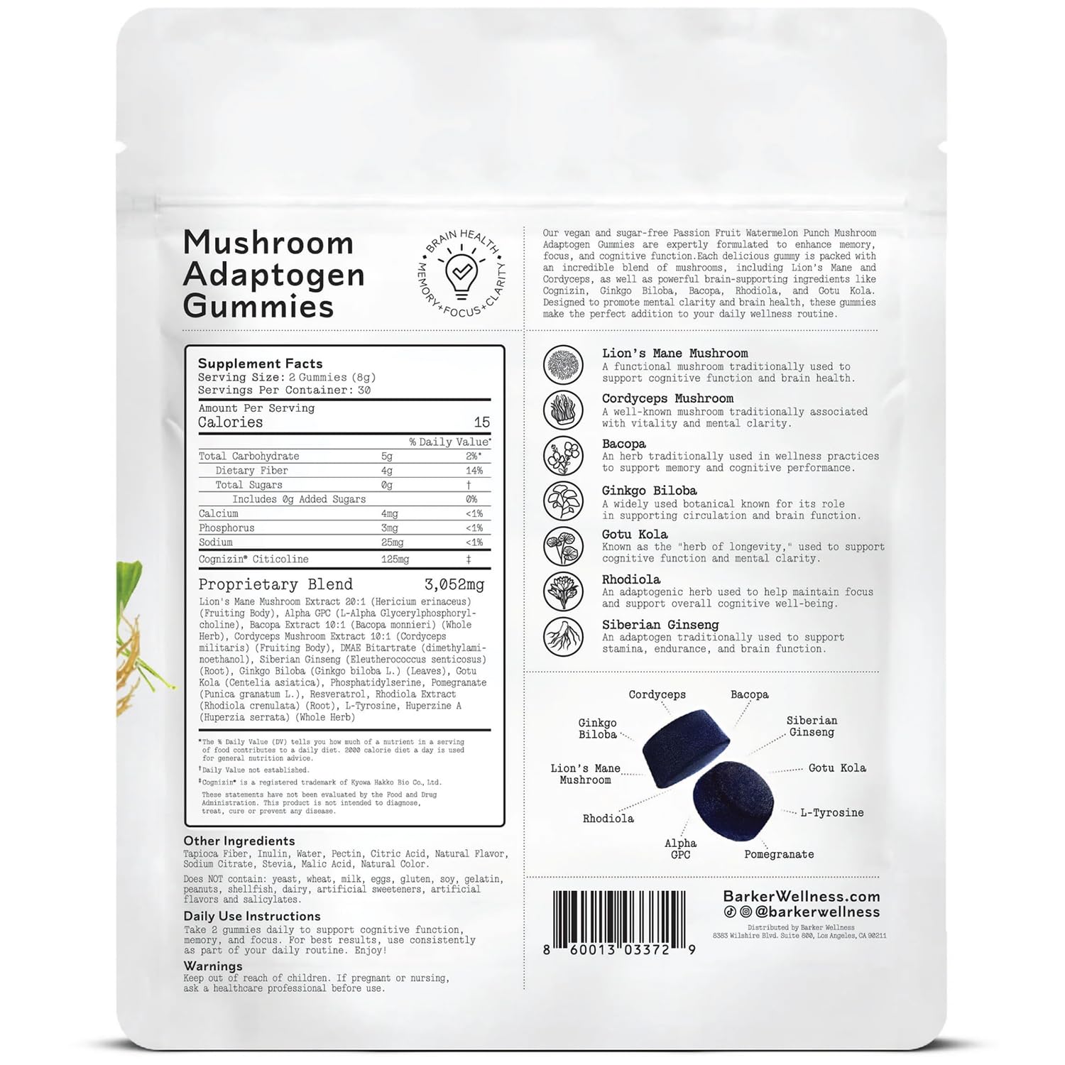 Barker Wellness Mushroom Adaptogen Gummies – Memory, Focus & Brain Health