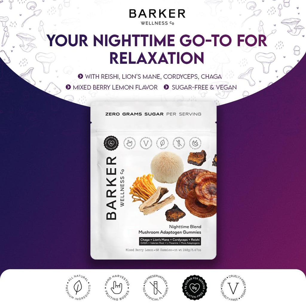 Barker Wellness Nighttime Mushroom Gummies – Vegan, Sugar-Free Adaptogen Gummies with Reishi, Lion’s Mane, Chaga, Cordyceps | Non-GMO 60 Count