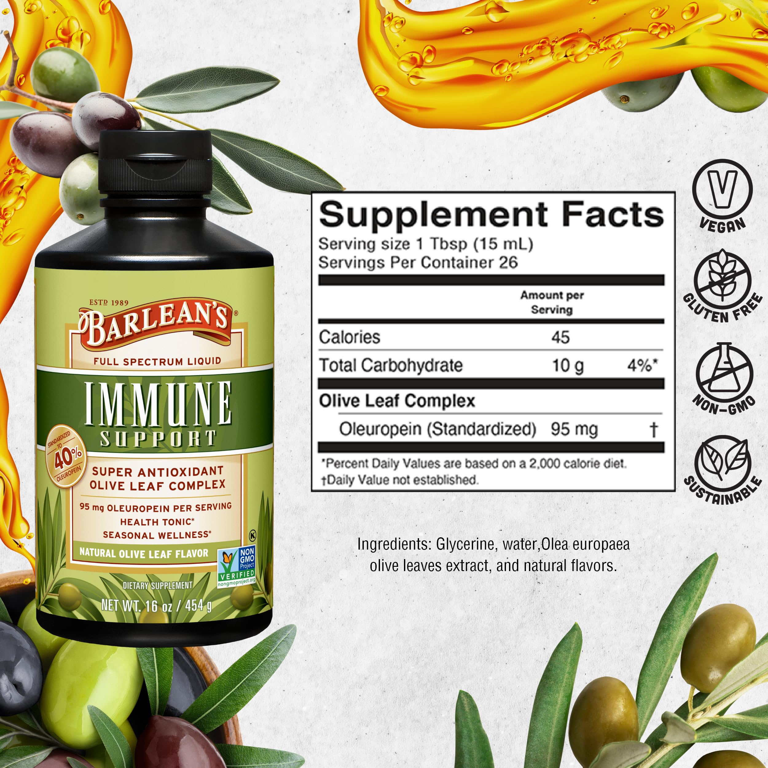 Barlean's Olive Leaf Complex Liquid Immune Support – 95 mg Oleuropein, 16 oz