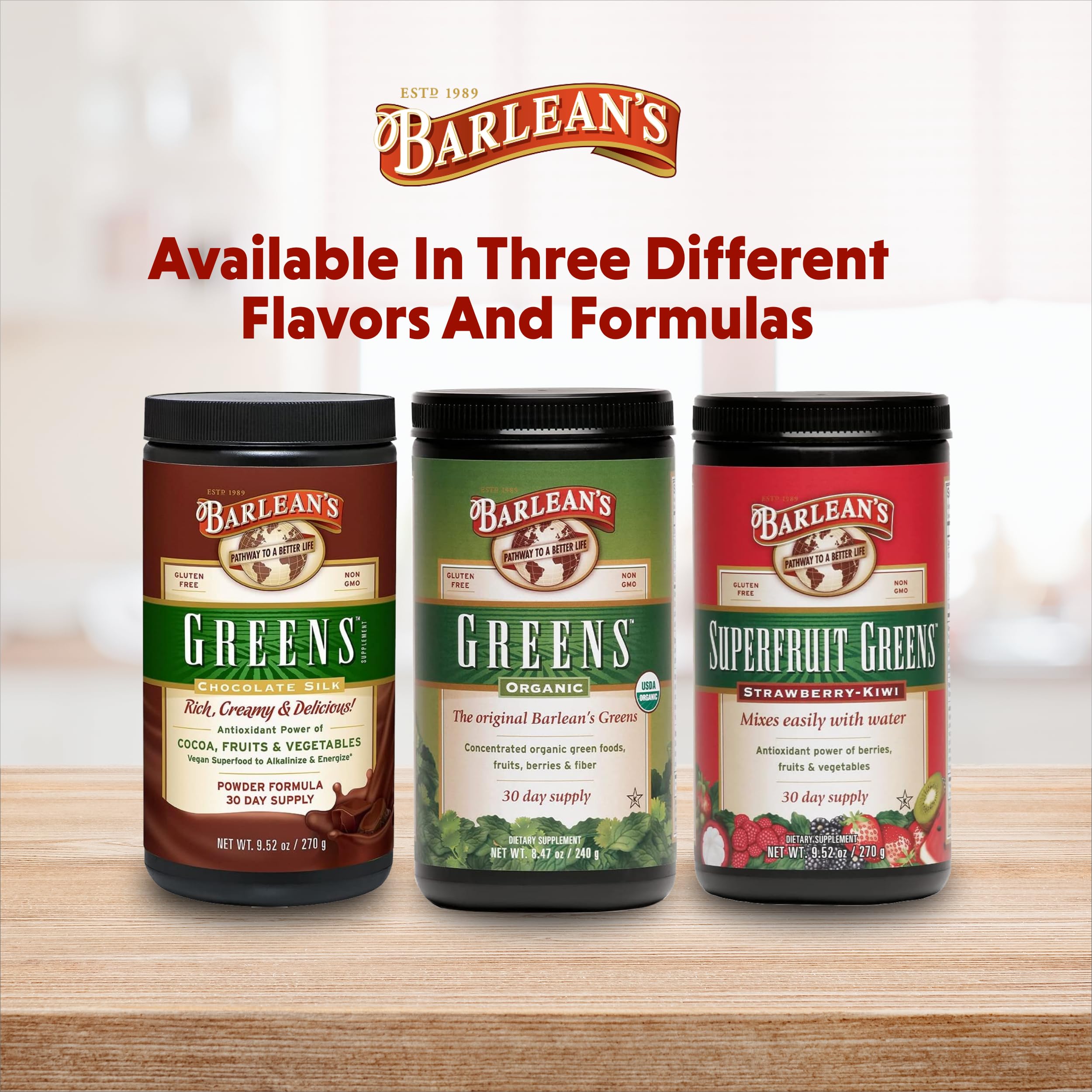 Barlean's Chocolate Greens Powder – Daily Greens Superfood, Fiber & Antioxidant Blend, 9.52 oz