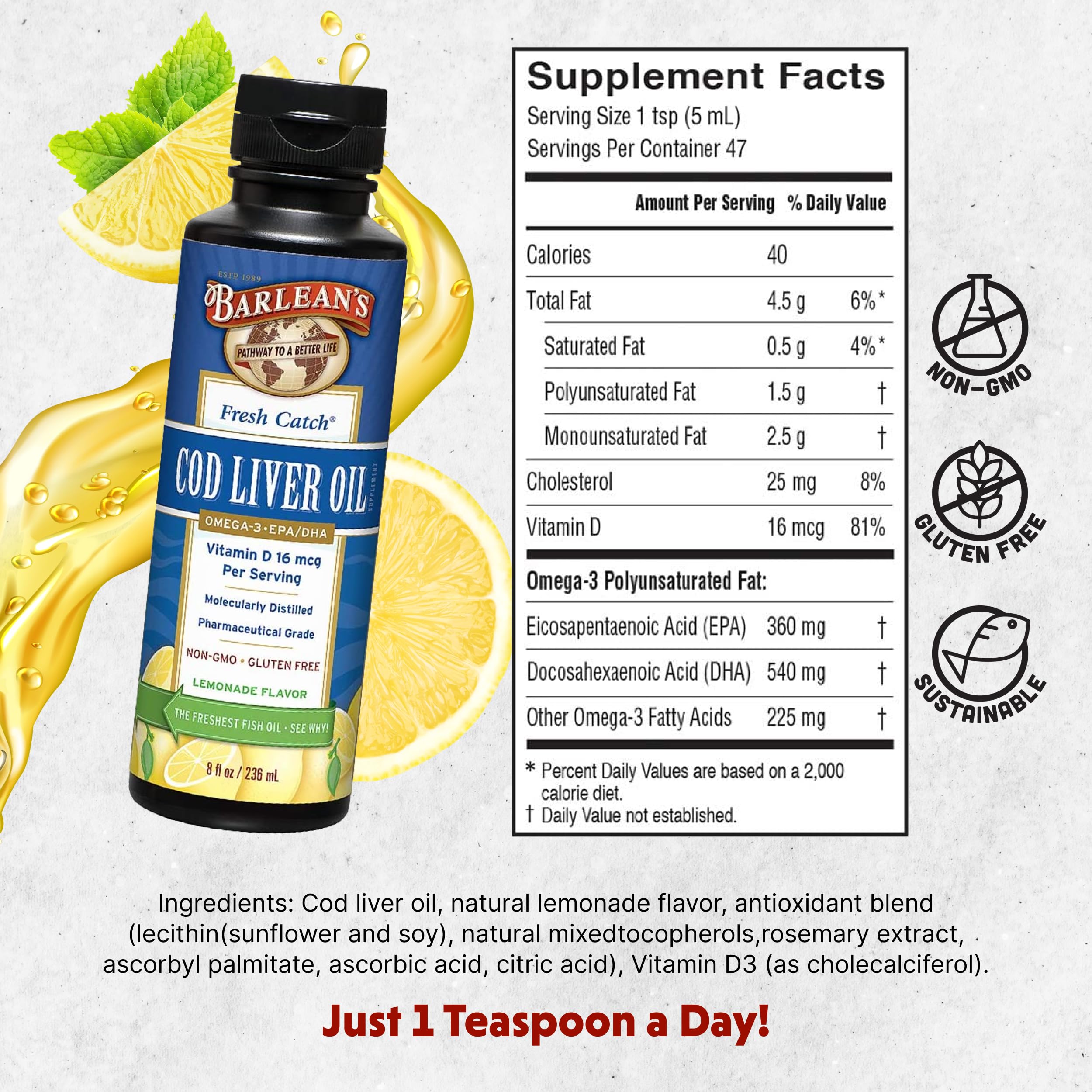 Barlean's Cod Liver Oil Liquid | Omega-3 EPA/DHA 900 mg + Vitamin D, Lemonade Flavor, 8 oz