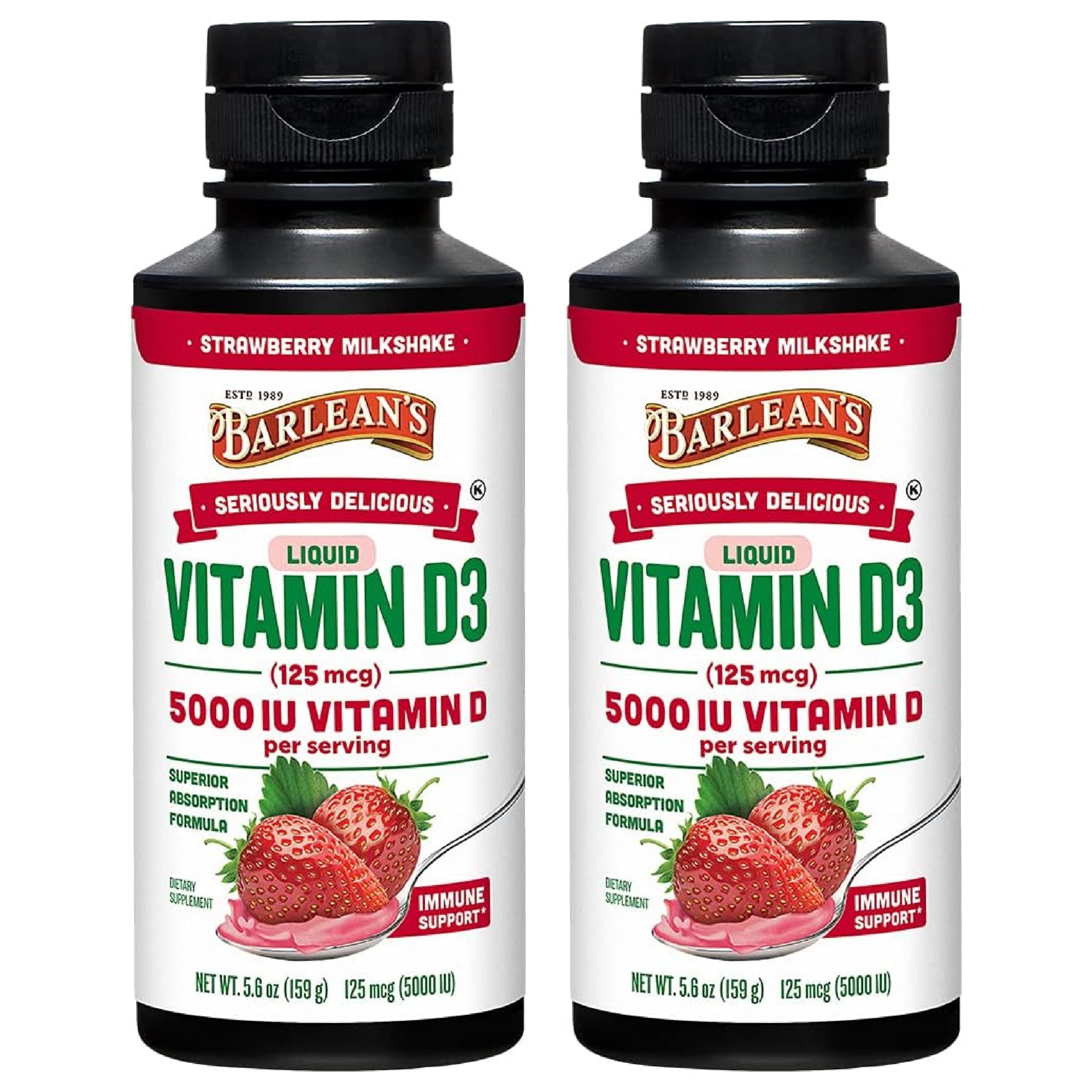 Barlean's Vitamin D3 Liquid 5000 IU – Pack of 2 (Strawberry Milkshake)