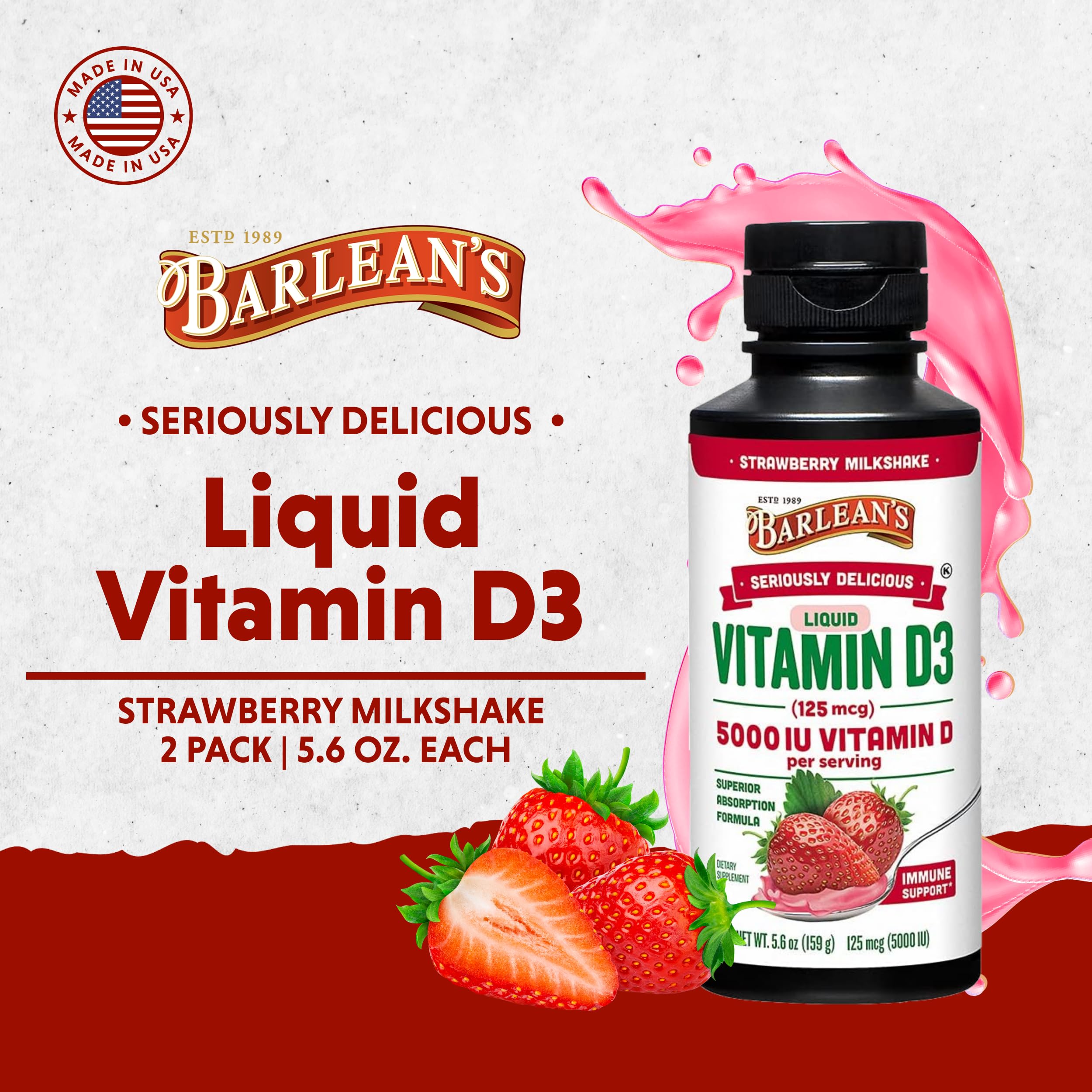 Barlean's Vitamin D3 Liquid 5000 IU – Pack of 2 (Strawberry Milkshake)